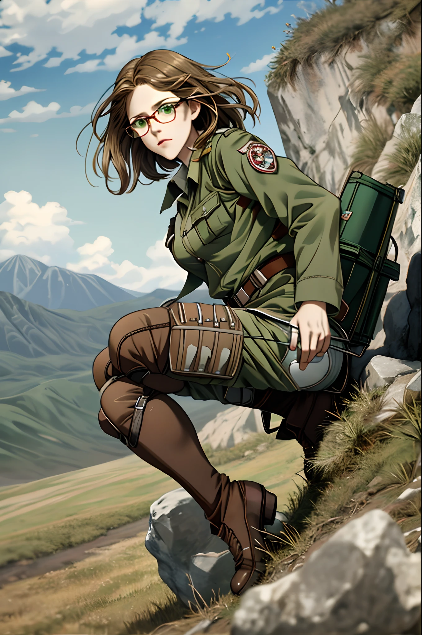 Attack on Titan screencap of a
female with brown wavy hair and bangs, pale, green eyes, round face shape and glasses. Scenery is beautiful she) is wearing a scouts uniform MAPPA season 4