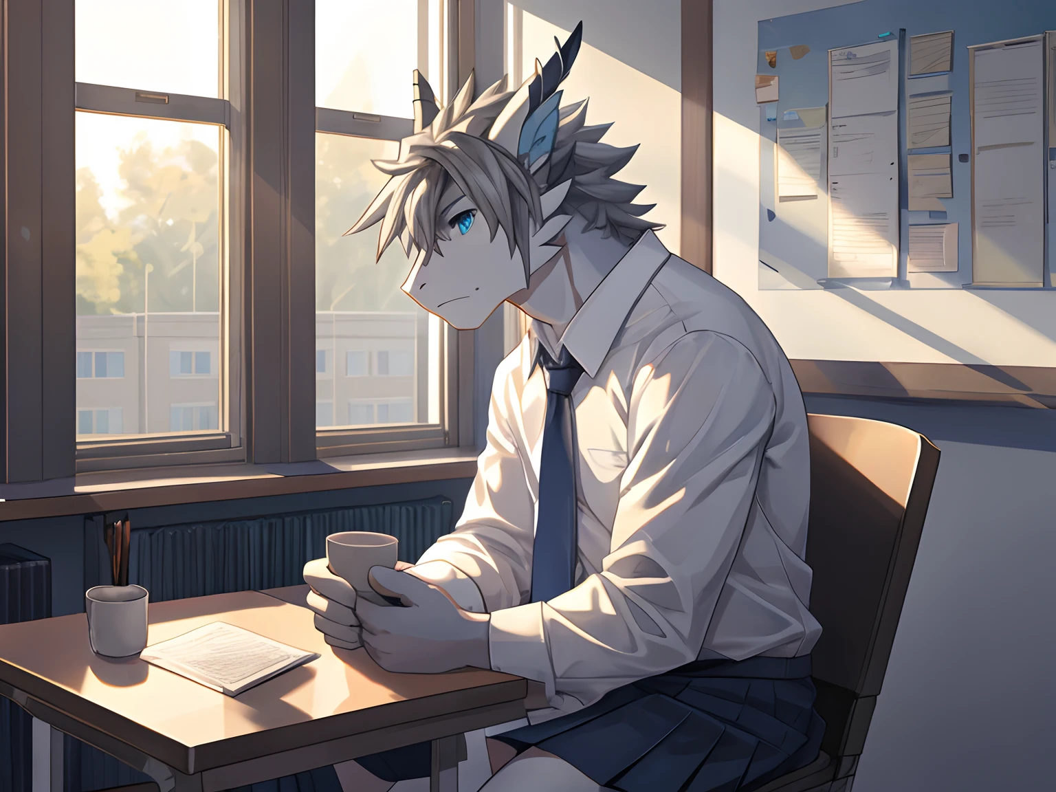 Masterpiece, Furry Gray Dragon, Muscular Body, Blue Eyes, Grey Medium Hair, HighSchool Uniform Set, Casual Clothes, Fierce, Good looking, Sad Expression, Sad Vibes, Sitting in Chair, Near Windows, Alone, Morning, Class Background.