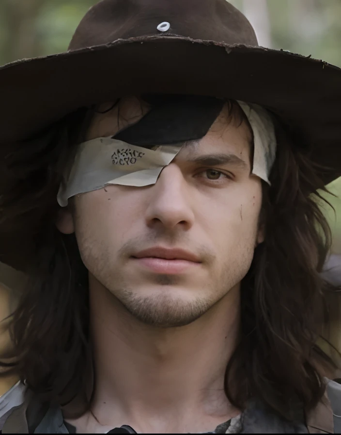 Man with hat and bandage on face, Em The Walking Dead, Ron, usando um adesivo sobre um olho, Rick Grimes, sem mancha olho direito, wears a destroyed hat, tapa-olho em um olho, Tyler, tapa-olho sobre um olho, Sou, ele usa um tapa-olho, Os Mortos-Vivos, Oscar, moderno, Finn Wolfhard