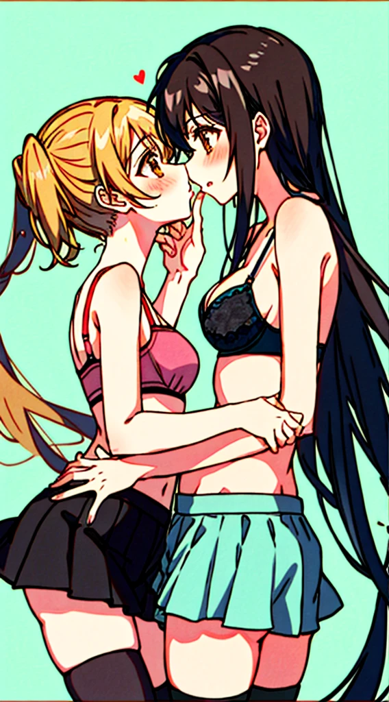 kirisaki chitoge, onodera kosaki, 2girls, ass grab, bare arms, bare shoulders, black bra, blonde hair, blush, bra, brown hair, cowboy shot, from side, hand on another's cheek, hand on another's face, holding, kiss, lingerie, long hair, miniskirt, multiple girls, pink bra, short hair, simple background, skirt, thighhighs, underwear, yuri