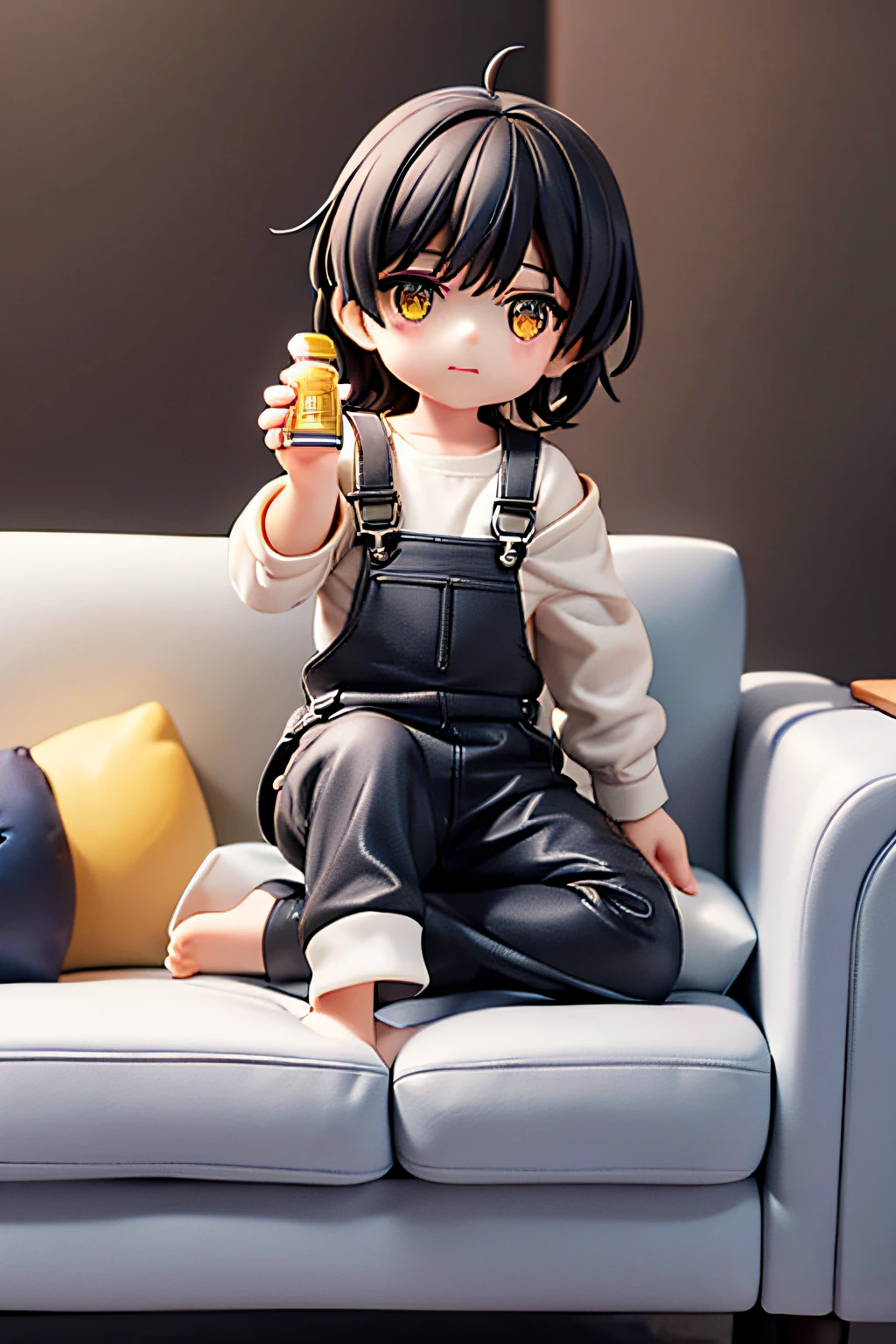 Cute little boy，Has short black hair，A pair of yellow eyes，Wear overalls，The top is a black coat，The coat has a small decoration of lightning bolts，The pants are black cargo pants，The little boy has a bottle in his hand，The little boy sat on the sofa，The sofa is black and white，The whole picture is warm