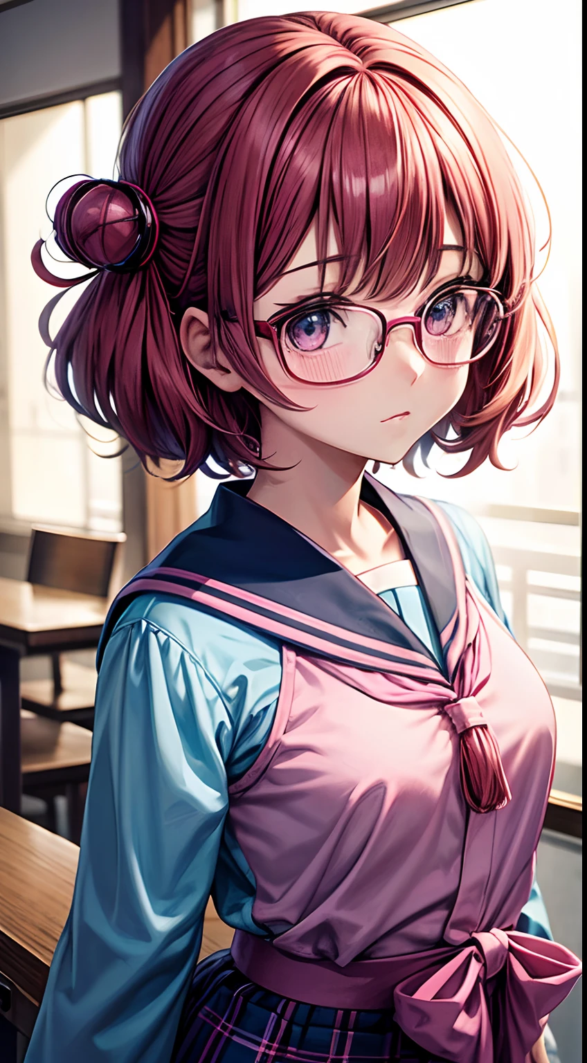 Imagem anime manga estilo japones, Geek Nerd Schoolgirl Glasses, pink and blues, fotografando fantasmas