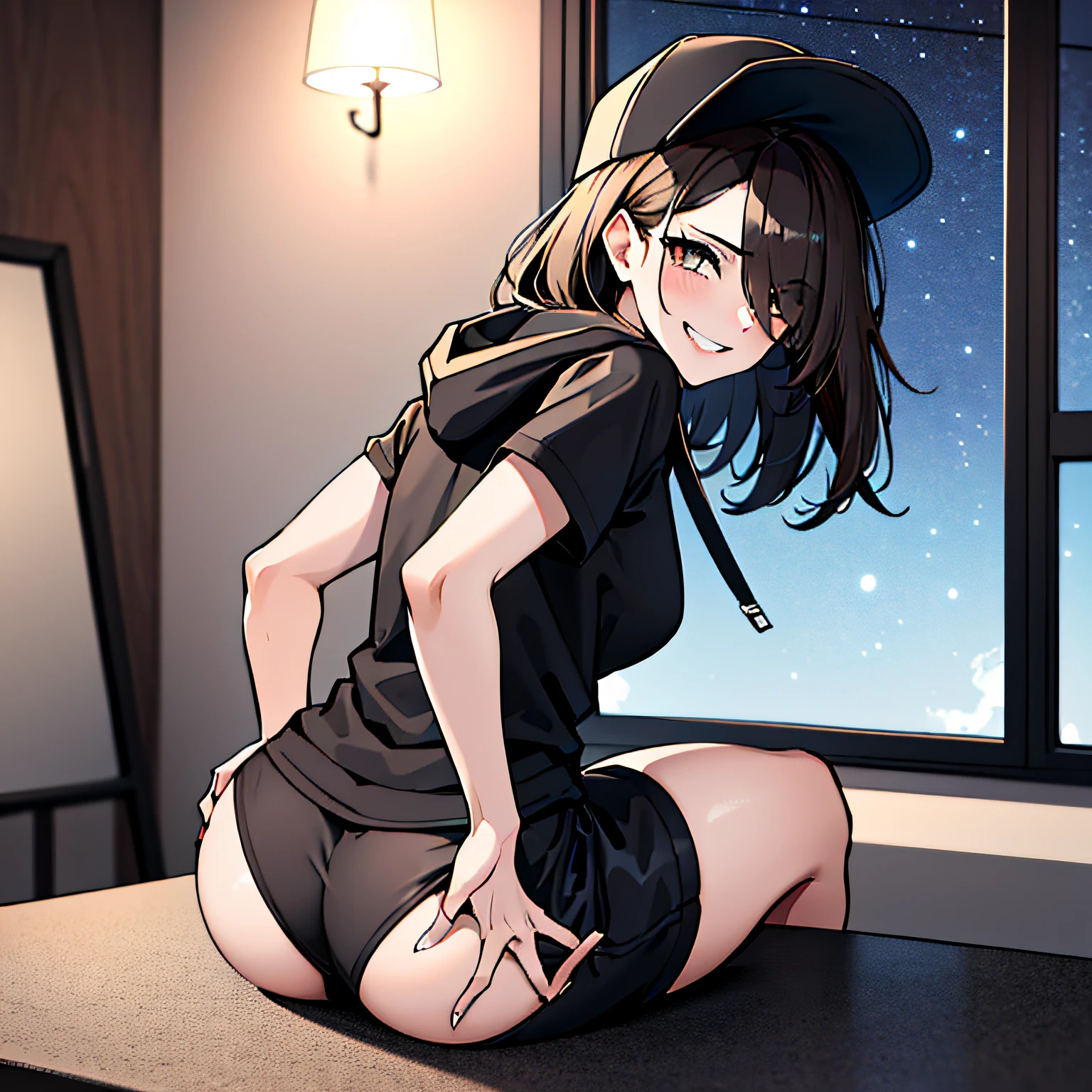(absurdres, 8k, 4k, masterpiece, hyper extreme detailed:1.2), solo, 1girl, front view, portrait, best quality, expressive eyes, perfect face, 1girl, portrait, solo, standing, Female, toned body, mature female, medium breasts, pale, hair covering one eye, dark brown hair, medium hair, sarcastic, snarky, soldier, adult, hazel eyes, delinquent, sarcastic, smirk, crazy eyes, messy hair, swept bangs, perfect anatomy, front view, leaning back, leaning back, night time, night sky window, hoodie, wearing a hood, baseball cap, shorts, full body, butt, backside, back view,