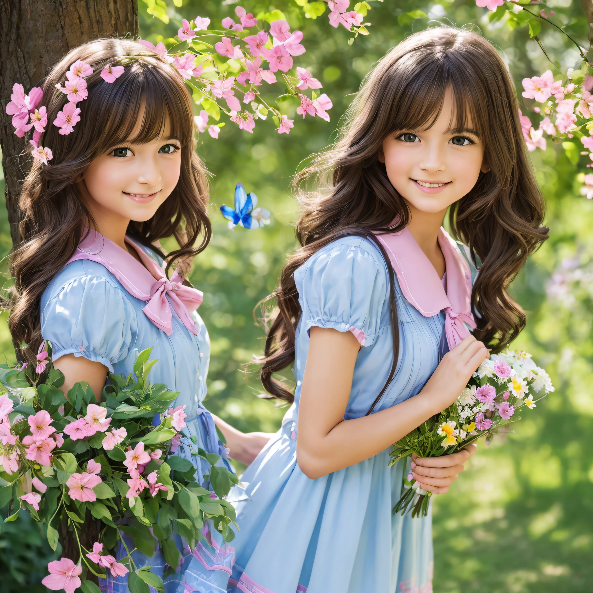 a colorful flower garden, butterflies flying, girl in cute dress, cheerful expression, sunny day, surrounded by flowers, detailed petals, vivid colors, natural lighting, lush greenery, vibrant foliage, picturesque landscape, serene atmosphere, delicate wings, graceful pose, mesmerizing beauty, (best quality,4k,8k,highres,masterpiece:1.2),ultra-detailed,(realistic,photorealistic,photo-realistic:1.37),professional,vivid colors,studio lighting,physically-based rendering