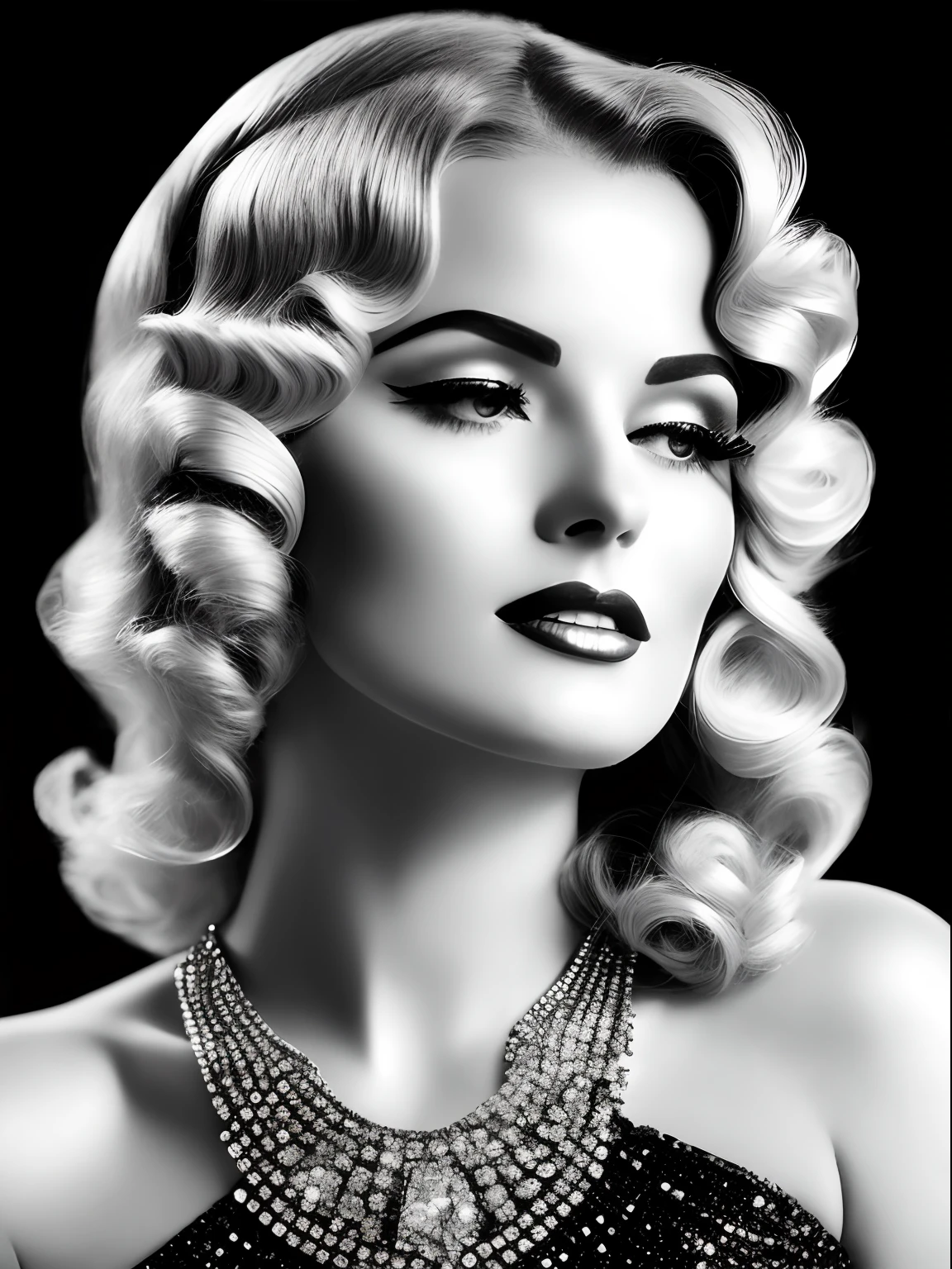 A glorious confident woman, Luxury Vintage Fashion House, 1920s Hollywood style, hyper realistic black and white photography, in the style of shiny rhinestone crystals.