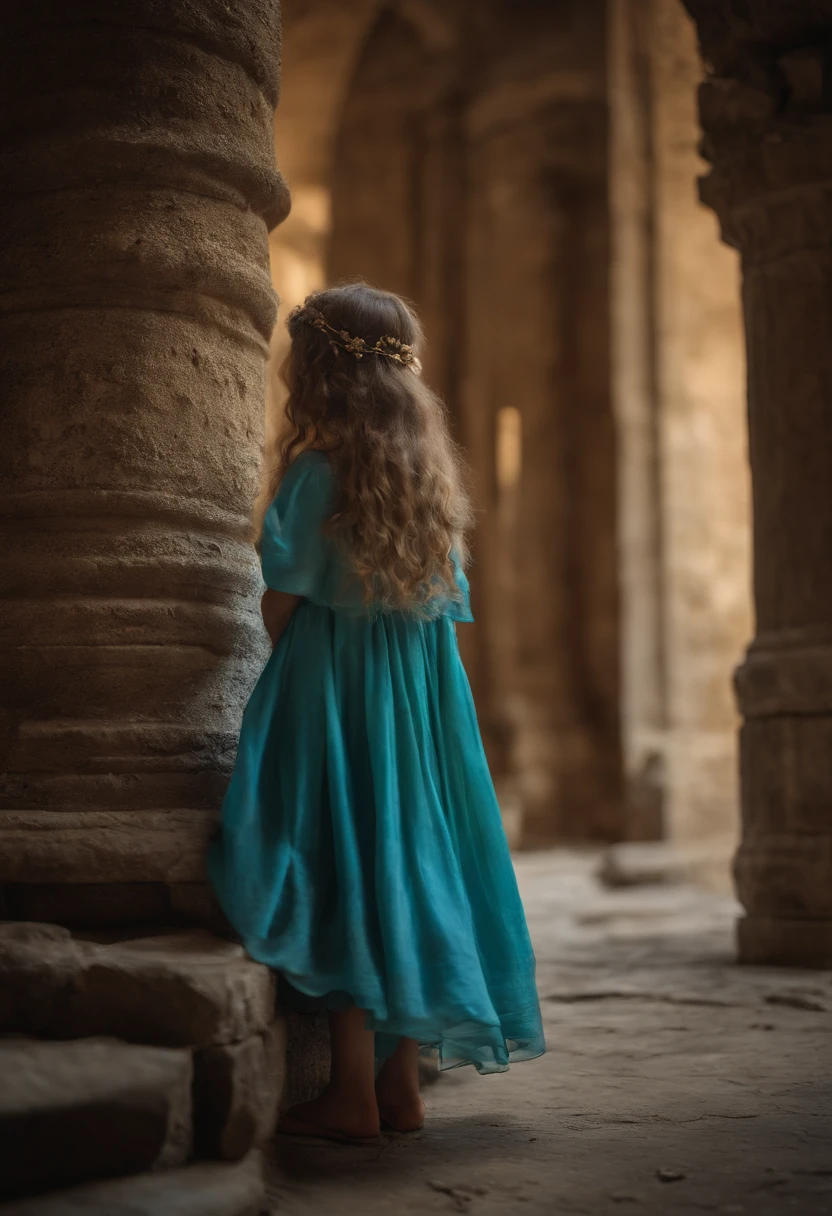 Menina de 8 anos, com grandes olhos, a blue and a violet and light blue messy long hair and bangs hugging a -yeld bode grandes olhos verdes e cabelos loiros curtos, Messed up. scenecy, ruins of a Greek temple.