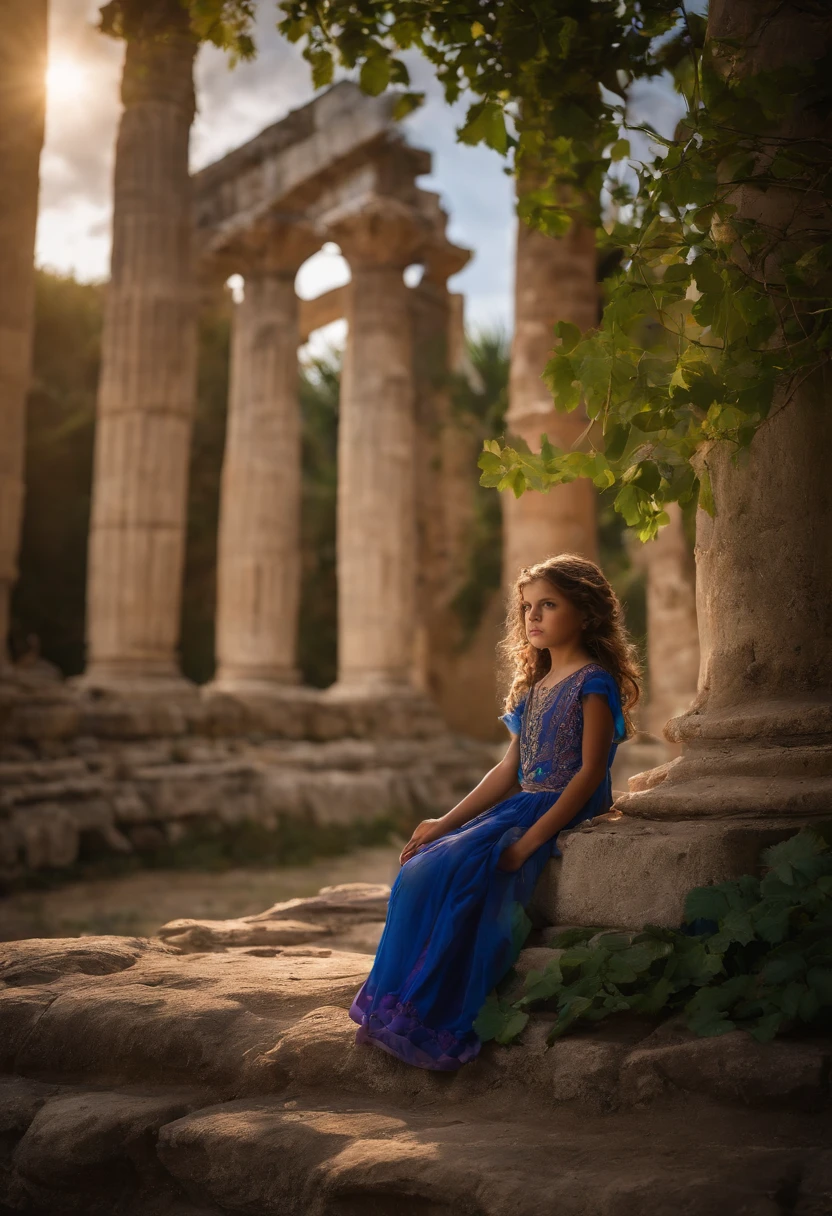 Menina de 8 anos, com grandes olhos, a blue and a violet and light blue messy long hair and bangs hugging a -yeld bode grandes olhos verdes e cabelos loiros curtos, Messed up. scenecy, ruins of a Greek temple.