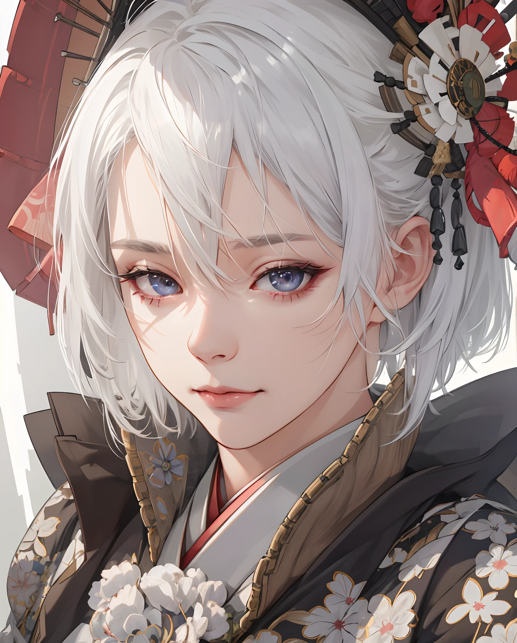 (absurd, highres, ultra detailed), 1girl, mature woman, complex details, enlarged textures, complex details, finely detailed eyes and detailed face, intricate details, white hair, (closed mouth), (perfect eyes, equal eyes), ((Japanese clothes)), Super Realistic, Realistic Photo, Extremely Detailed 3d