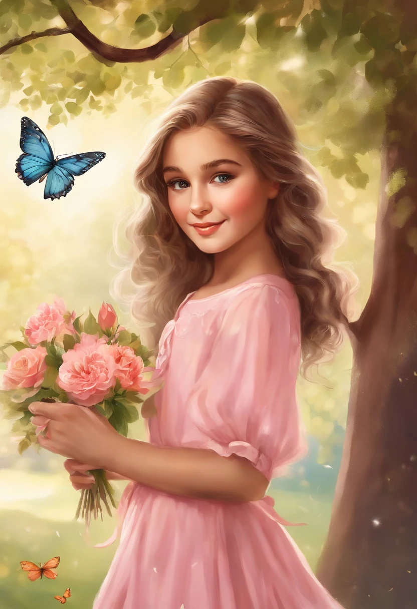 beautiful girl,wearing a pink dress,holding a bouquet of flowers,standing in a blooming garden,with butterflies flying around her,soft sunlight shining on her face,long wavy hair flowing in the wind,smiling brightly and looking towards the distance,sparkling eyes reflecting happiness and innocence,rosy cheeks adding a touch of youthfulness,meticulous details on her face and clothing, vivid colors enhancing the visual impact,shadows from the tree branches creating a dappled effect on the ground,creating a dreamy and enchanting atmosphere,medium:watercolor painting,ultra-fine brushstrokes capturing delicate features,highres:1.2,realistic lighting and textures,brilliant colors with a warm color tone.