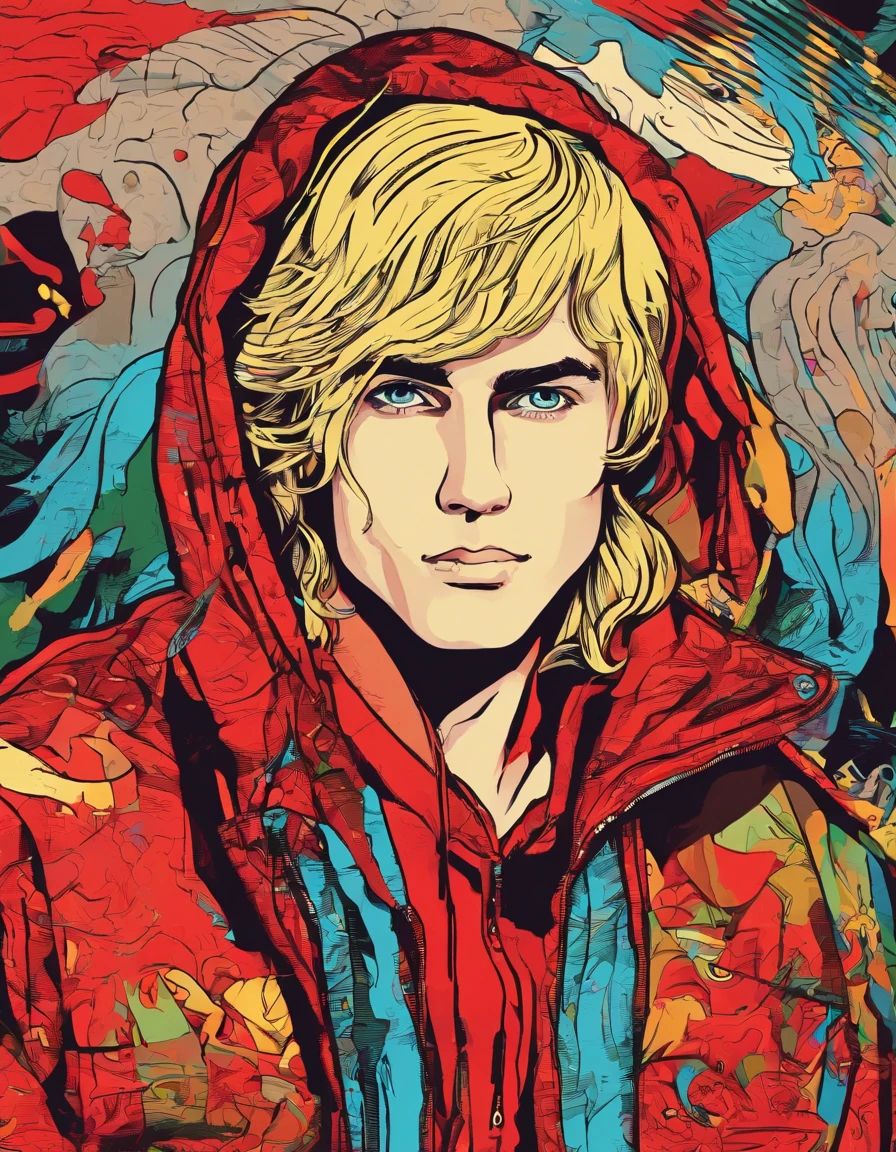 close up photograph, Confident young man，Long blonde hair，with brown eye，Wear a hoodie with a red dragon pattern, On the streets soaked with rain at night