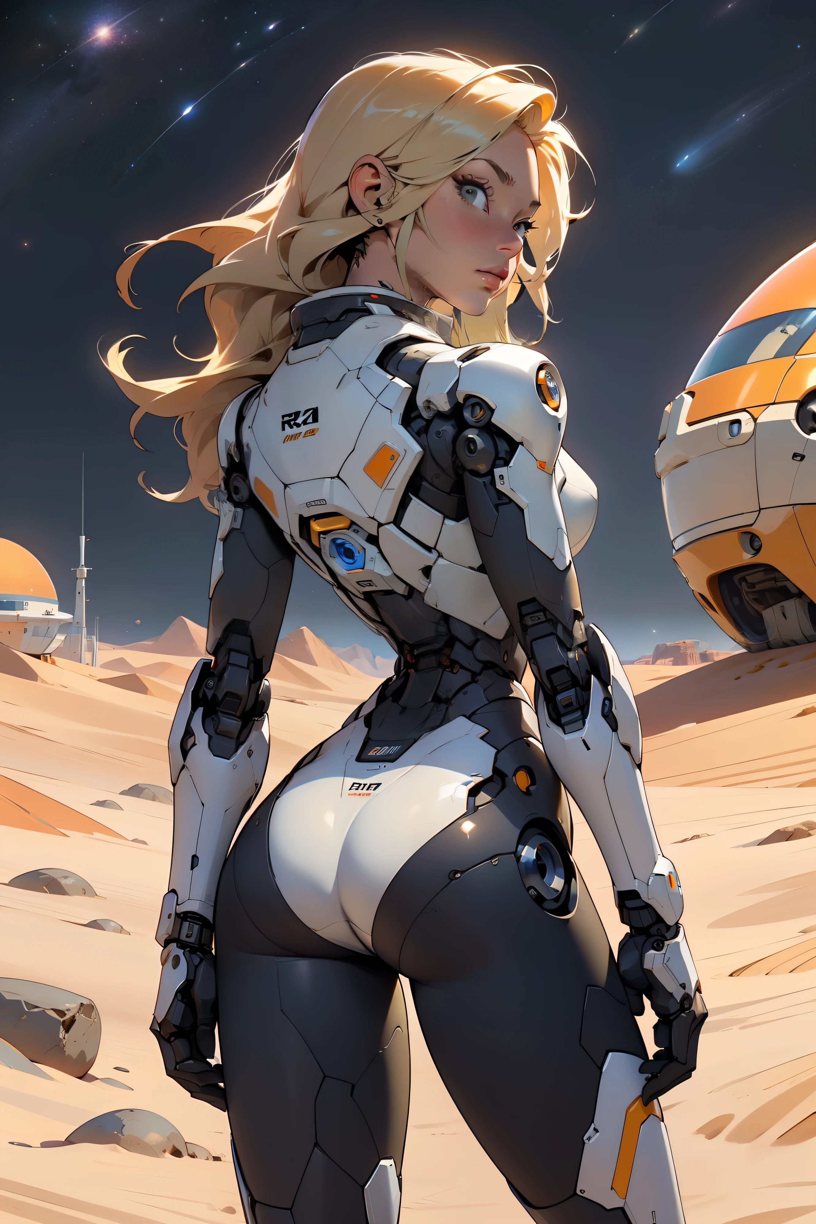 high quality, 4k, masterpiece, beautiful, cyborg girl, cowboy shot, dull eyes, back side, turning around to look at viewer, long blonde hair, girl, small breasts, fit thigh, robotic arms, robotic body, cyborg body, white uniform, yellow accent, orange accent, intricate detail, joint, detailed lines, robotic detail, holding fist up, holding hand up as fist, color robotic parts, robotic parts with color, perfect fingers, on a desert planet, sunny background, colorful desert, space ships in the background