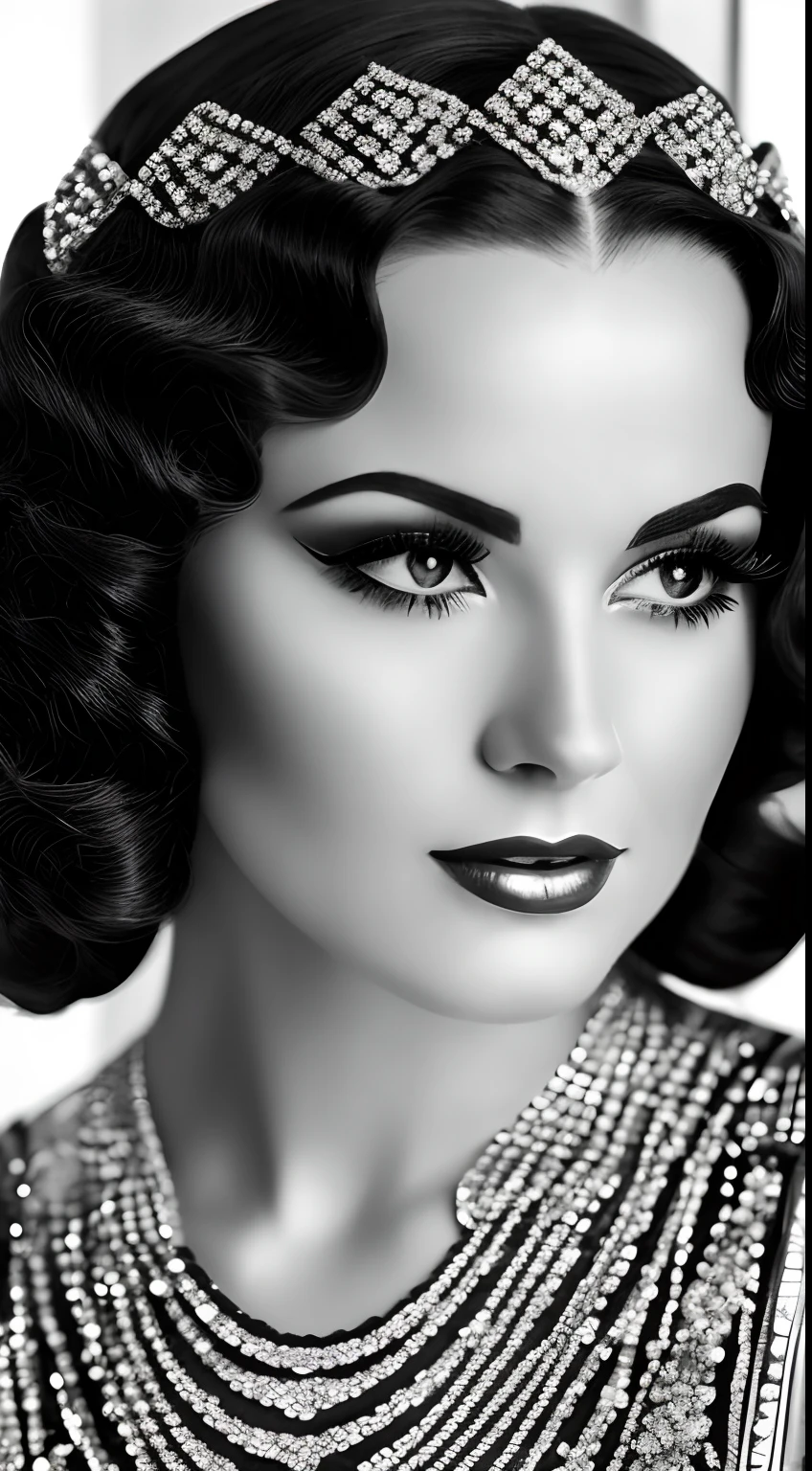 A glorious confident woman, Luxury Vintage Fashion House, 1920s Hollywood style, hyper realistic black and white photography, in the style of shiny swarowski crystals.