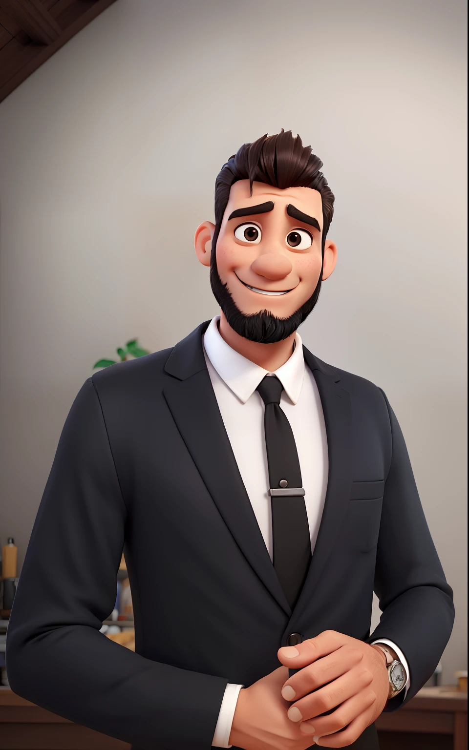 criar um personagem estilo Pixar, em 3D, with the following characteristics: homem de 31 anos, 80 kg, cabelo preto curto, barba aparada bem curta, barba quase sem pelos, olhos castanhos escuros, Small ears and a happy smile The man is a barber with a razor in his hand, sentado na cadeira do barbeiro, vestindo uma camiseta preta, black pants and orange suspenders in the background his barbershop called Barbershop Independence, um ambiente moderno ao fundo.