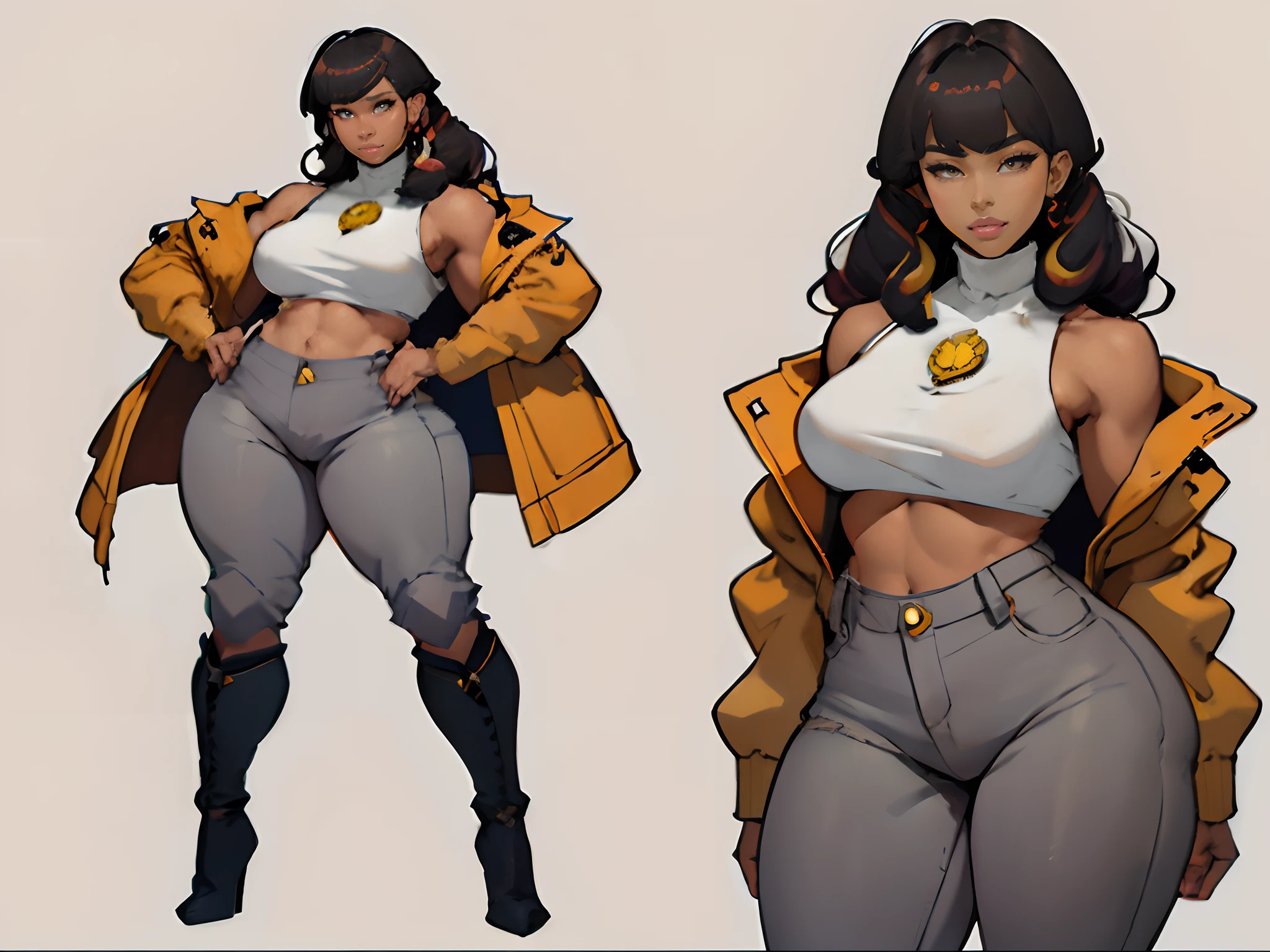 NSFW,masterpiece,top-quality,((character sheets,Same character,gauges,Lateral face,soles)),environment change scene,Pose too,(long curly Hairstyle with bangs), brown hair, multicolored hair, Pose Jitai,Chartaran Betarola,(simple background、grey backgrounid:1.3),illustratio,multi view, ((woman)), (wearing a white short tight top underneath a police jacket, bare arms, bare belly, tight beige jeans, high heel boots), ((police badge hanging from neck)), full body, sexy girl, happy, smile, chubby, dark eyebrows, green eyes,big smile, dark skin, shoulders, toned, thick, ((large waist)), (((thick thighs))), ((medium breasts)), cute, sexy, MILF