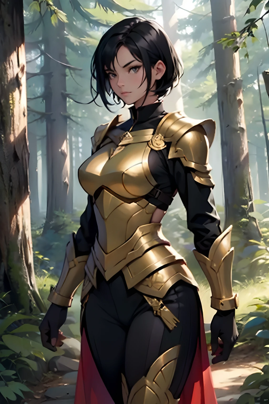 a woman, short black hair, wearing a gold armor, forest