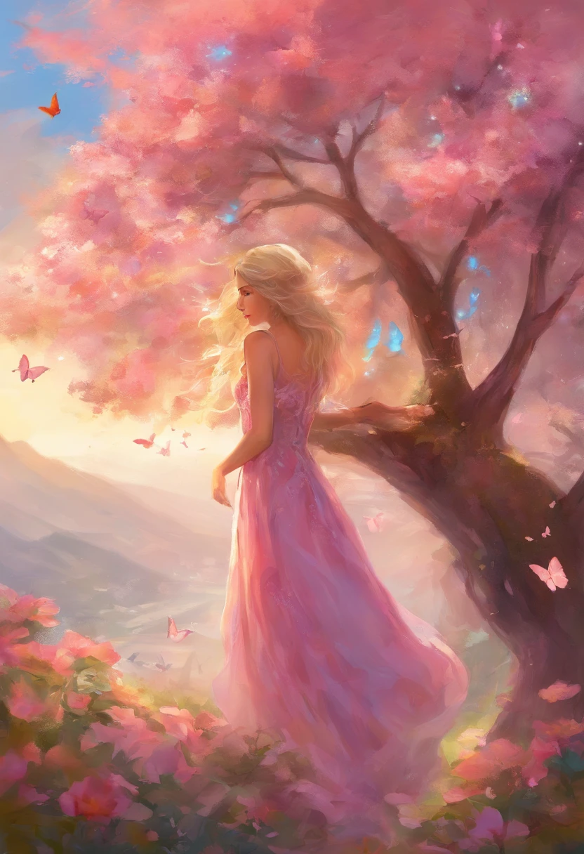 beautiful schoolgirl,wearing a pink dress,holding a bouquet of flowers,standing in a blooming garden,with butterflies flying around her,soft sunlight shining on her face,long wavy hair flowing in the wind,smiling brightly and looking towards the distance,sparkling eyes reflecting happiness and innocence,rosy cheeks adding a touch of youthfulness,meticulous details on her face and clothing, vivid colors enhancing the visual impact,shadows from the tree branches creating a dappled effect on the ground,creating a dreamy and enchanting atmosphere,medium:watercolor painting,ultra-fine brushstrokes capturing delicate features,highres:1.2,realistic lighting and textures,brilliant colors with a warm color tone.