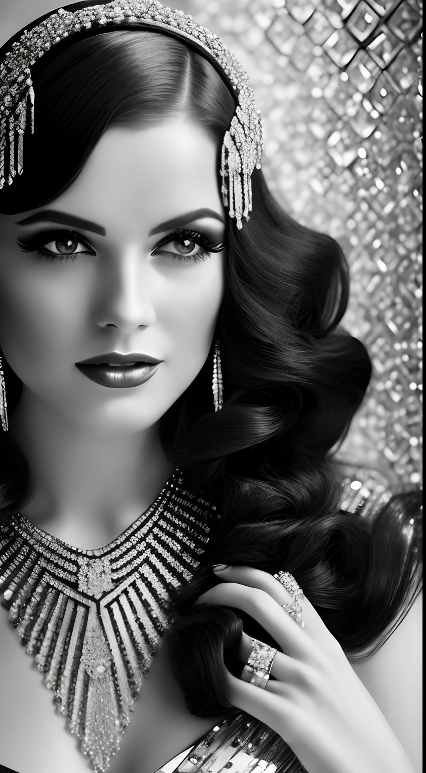 A glorious confident woman, Luxury Vintage Fashion House, 1920s Hollywood style, hyper realistic black and white photography, in the style of shiny swarowski crystals.
