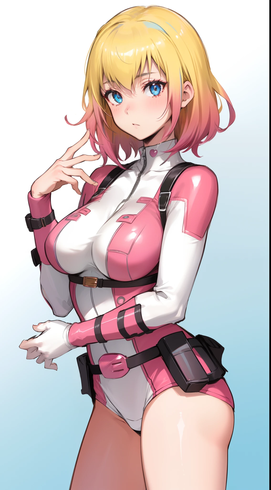 1 girl, high quality, (short hair), pink hair, forehead, blue eyes, huge breasts, (white clothes),(straps on thighs:1.3), simple background, stocking, cameltoe,(sweaty:1.1), (nipples:0.8), (sexy pose:1.2), (shorts),