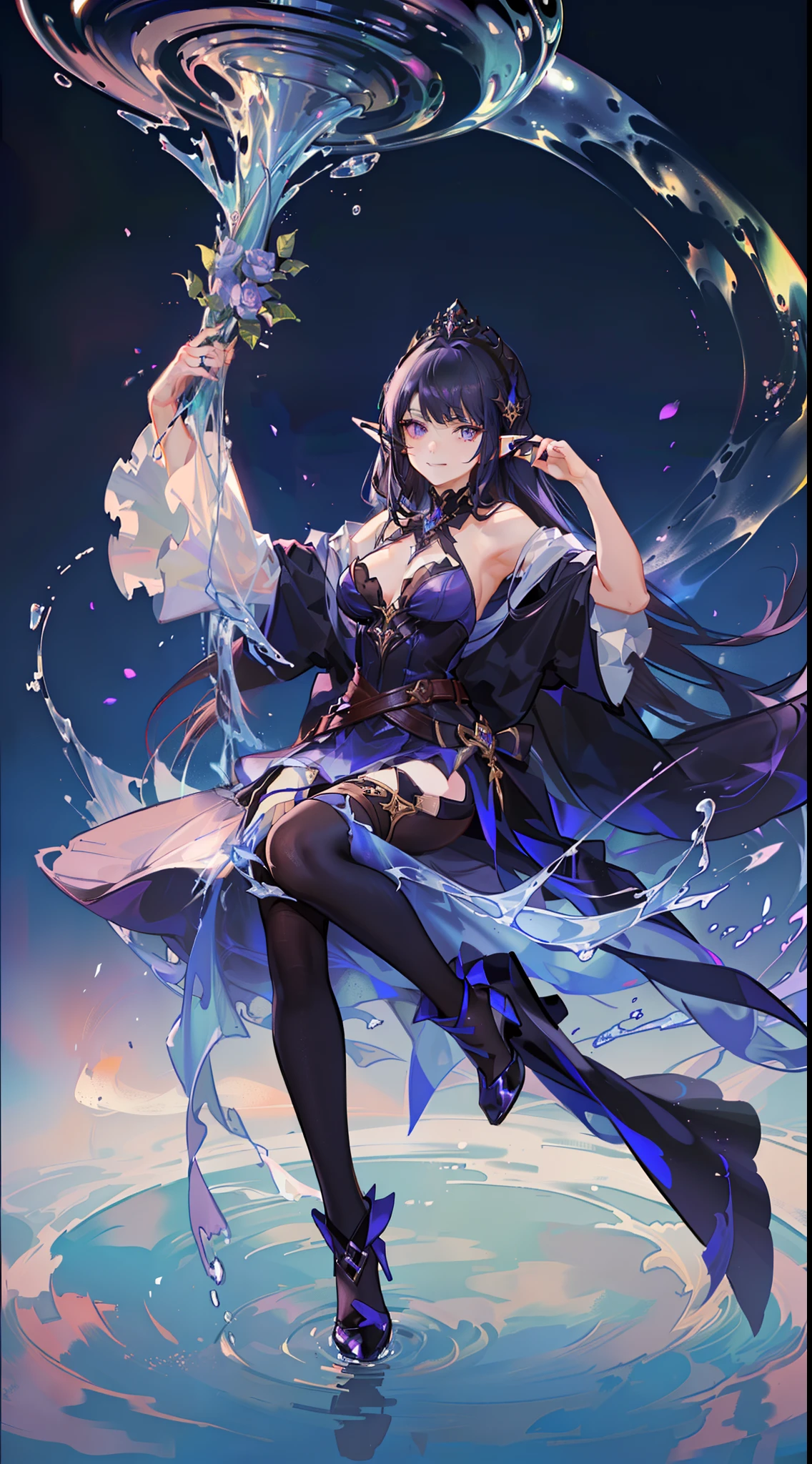 young girl, Long black hair, violet eyes, elf ears, smirk, Purple Sorcerer Form, Gold Elements, water magic, Masterpiece, hiquality, 4k, HD, Good detail