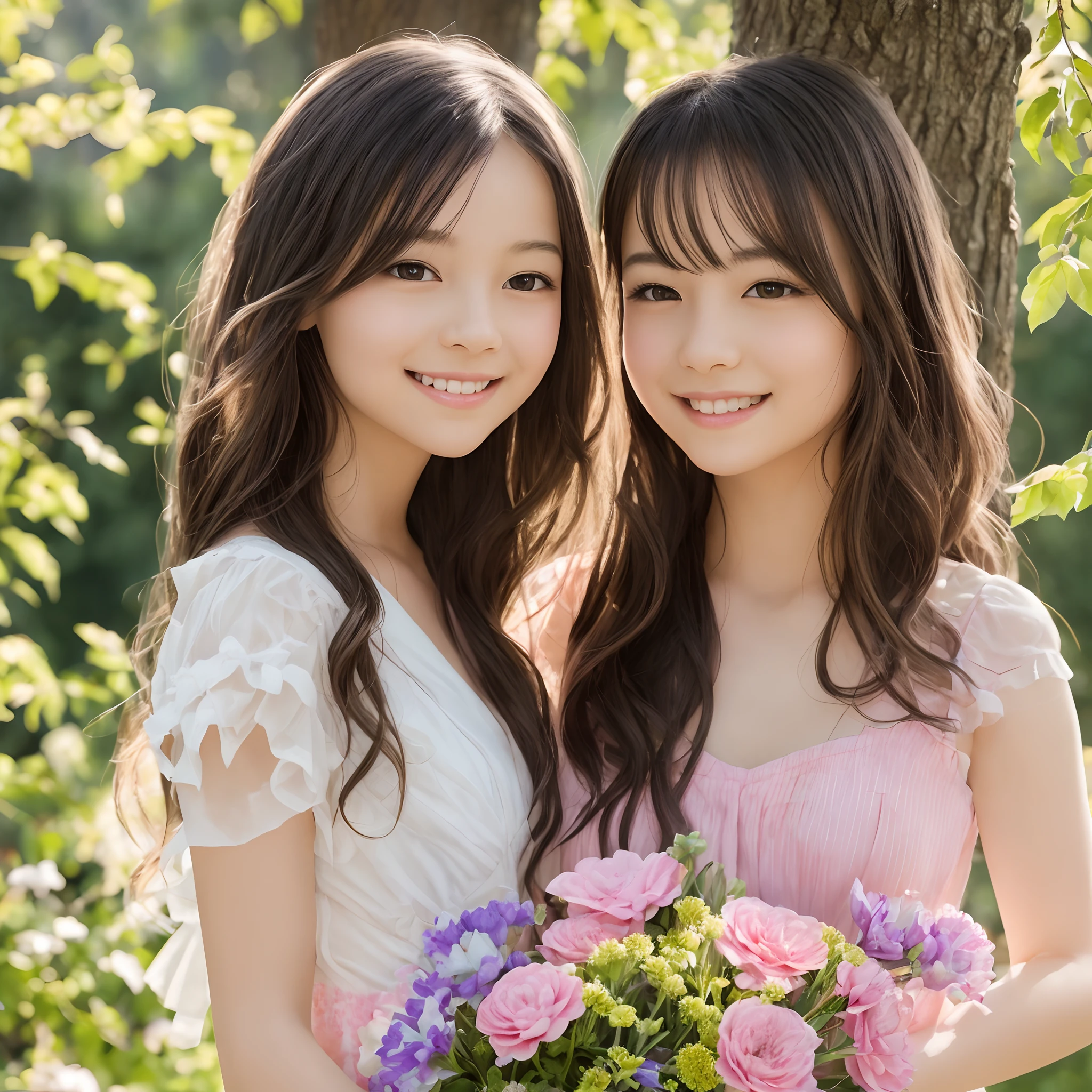 beautiful girl,wearing a pink dress,holding a bouquet of flowers,standing in a blooming garden,with butterflies flying around her,soft sunlight shining on her face,long wavy hair flowing in the wind,smiling brightly and looking towards the distance,sparkling eyes reflecting happiness and innocence,rosy cheeks adding a touch of youthfulness,meticulous details on her face and clothing, vivid colors enhancing the visual impact,shadows from the tree branches creating a dappled effect on the ground,creating a dreamy and enchanting atmosphere,medium:watercolor painting,ultra-fine brushstrokes capturing delicate features,highres:1.2,realistic lighting and textures,brilliant colors with a warm color tone.