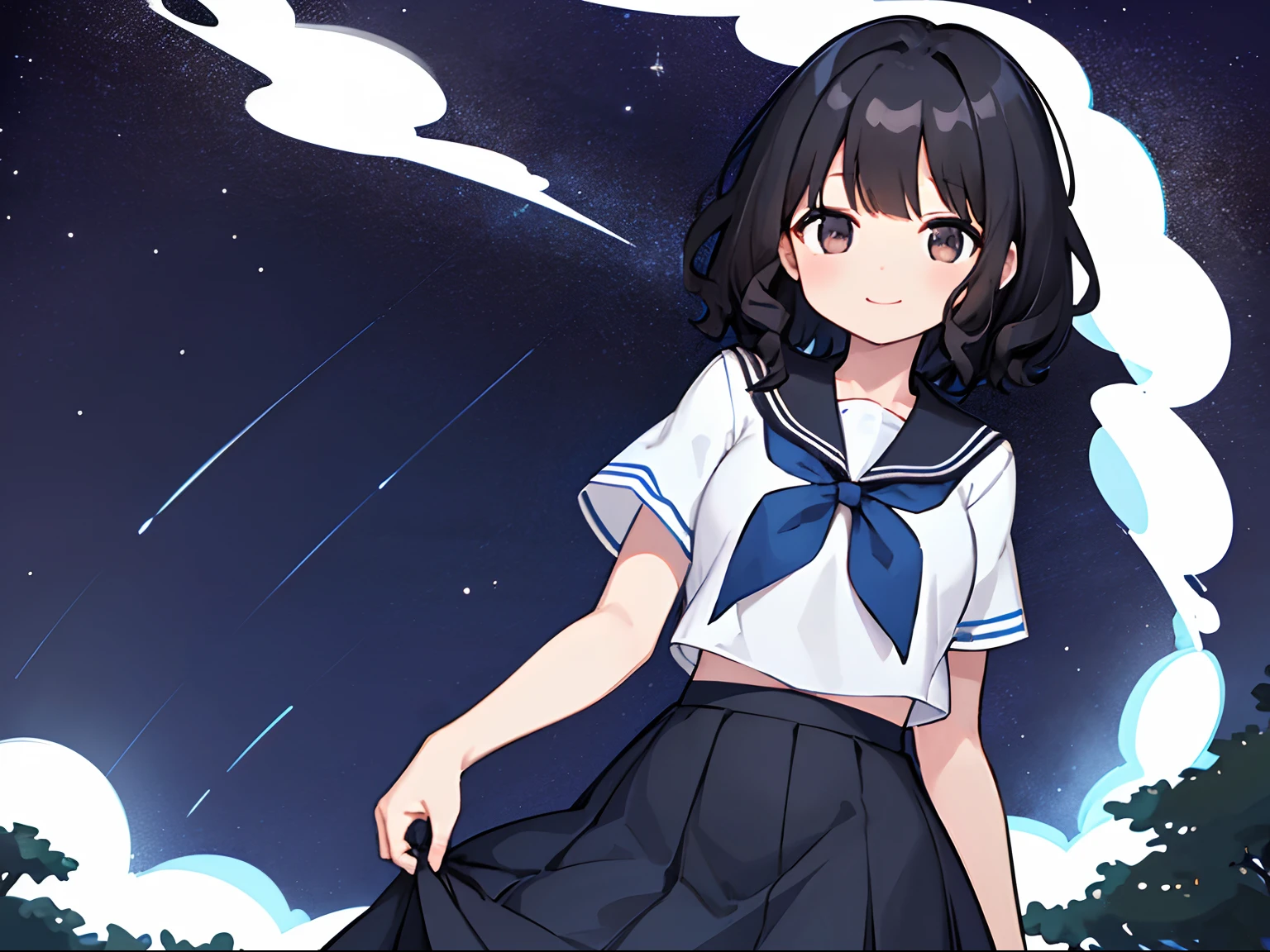 A young girl, (black hair, curly hair, short hair), smile, brown eyes, (blue and white schoolgirl uniform, long skirt), starry sky background, expansive image, She is on the right presenting the sky on the right side of the image
