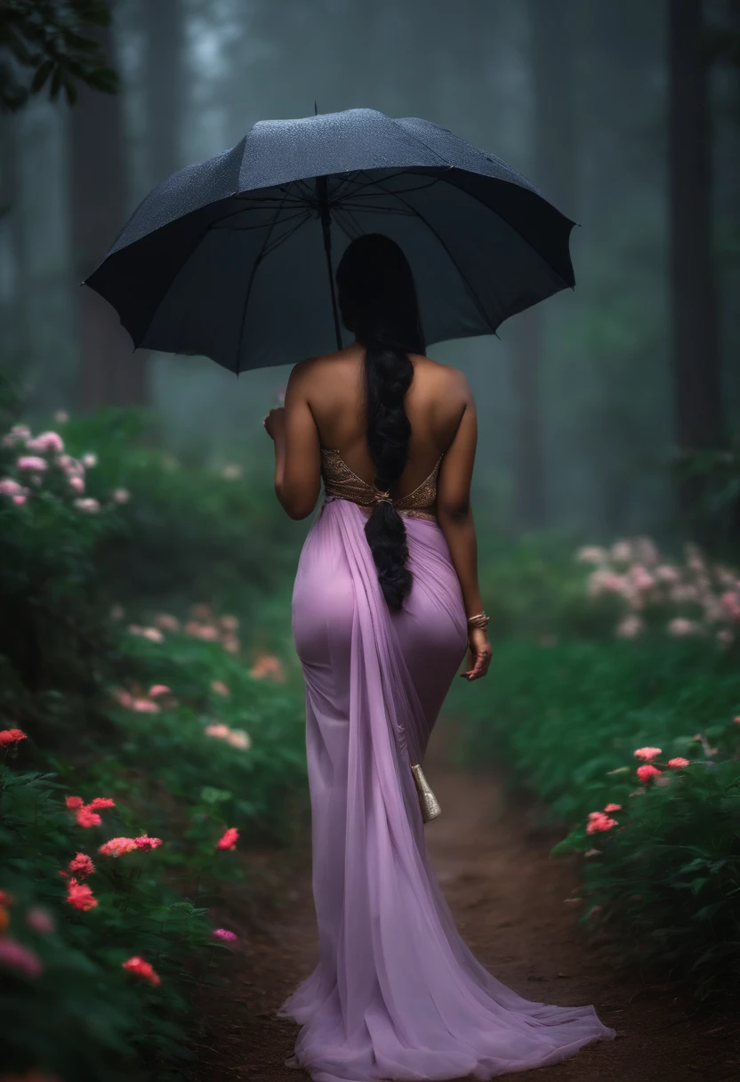 back side photo without face . very Long focus. Far away kerala big boobed , curvy kerala woman in sexy saree  standing in heavy rain and fog in  flower forest  with umbrella in hand , butterflies are flying around her-big ass. Long view sexy view. giving back pose without face. semi . 8K quality - realistic - add butterflies and flowers