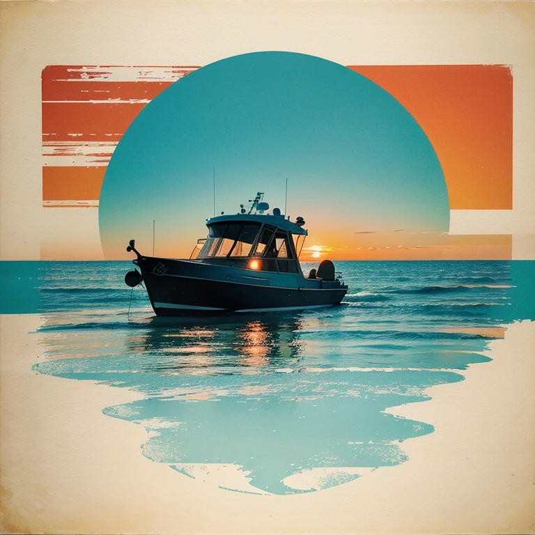 Vintage distressed sunset design
featuring the silhouette of a motorboat, pastel
blue orange and red colour scheme, the design is
isolated on a white background