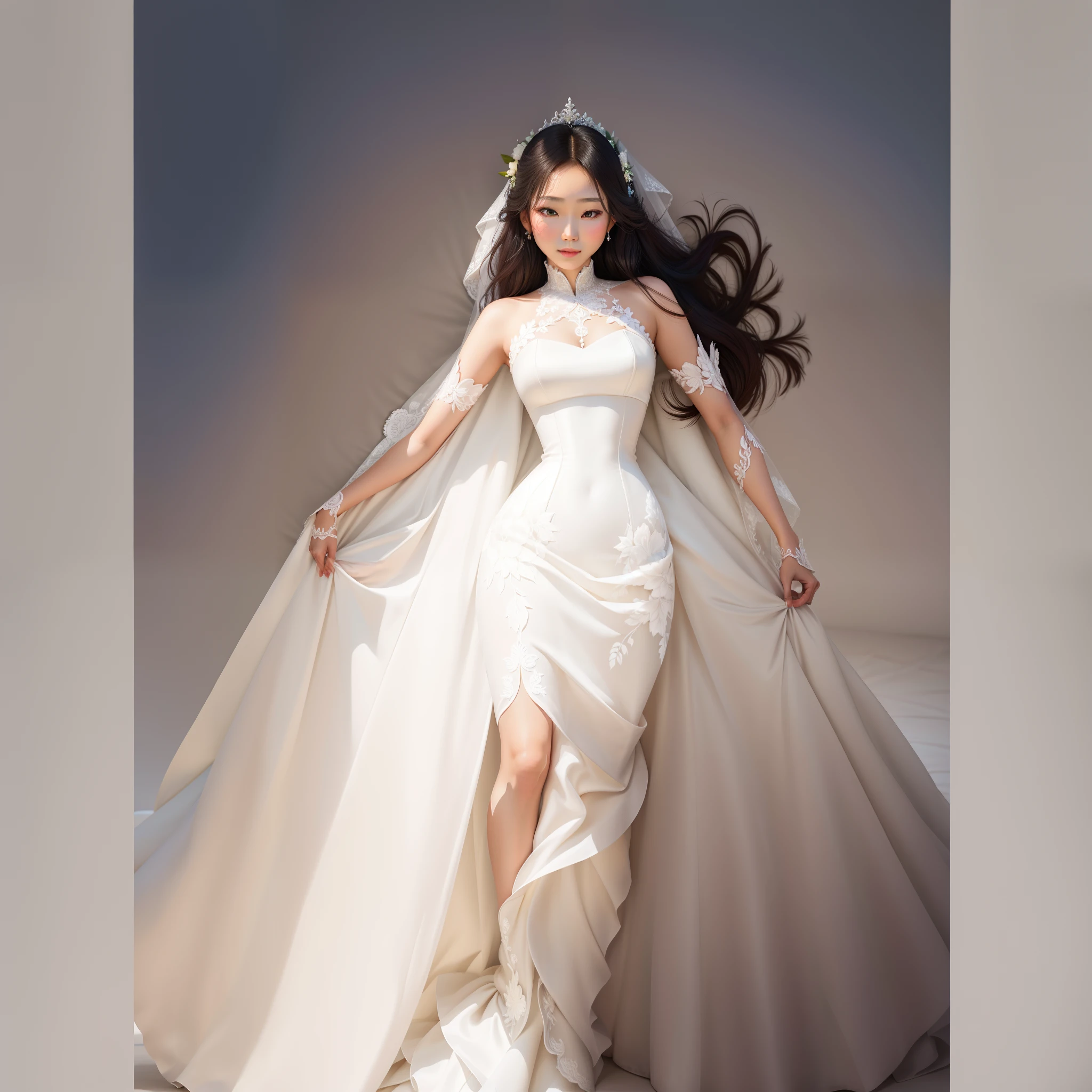 um desenho animado de uma mulher em um vestido de noiva branco, asian female, vestido grande elegante e branco, vestido longo, Full portrait of an asian bride, Ethereal corset dress, Potencializando a Aura, Epic Wedding Dress, Vestido de noiva branco longo, vestido branco, hands open