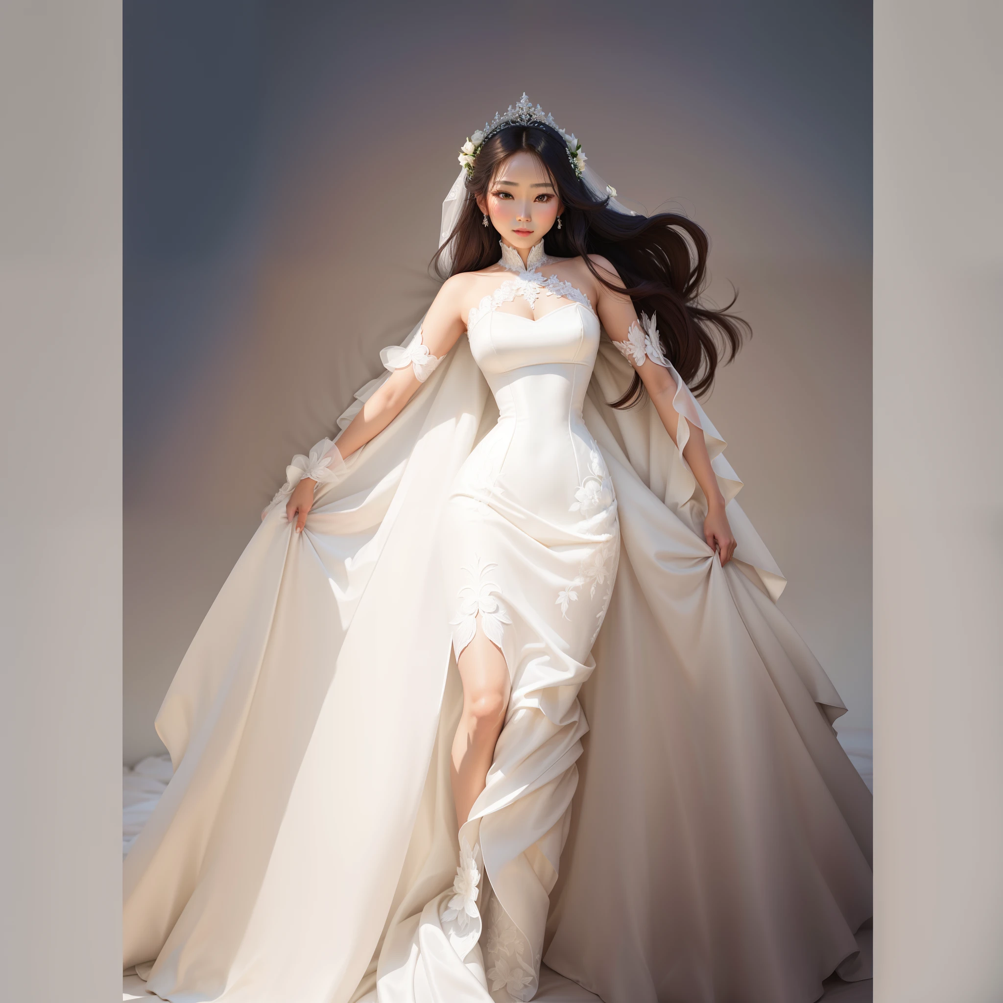 um desenho animado de uma mulher em um vestido de noiva branco, asian female, vestido grande elegante e branco, vestido longo, Full portrait of an asian bride, Ethereal corset dress, Potencializando a Aura, Epic Wedding Dress, Vestido de noiva branco longo, vestido branco, hands open