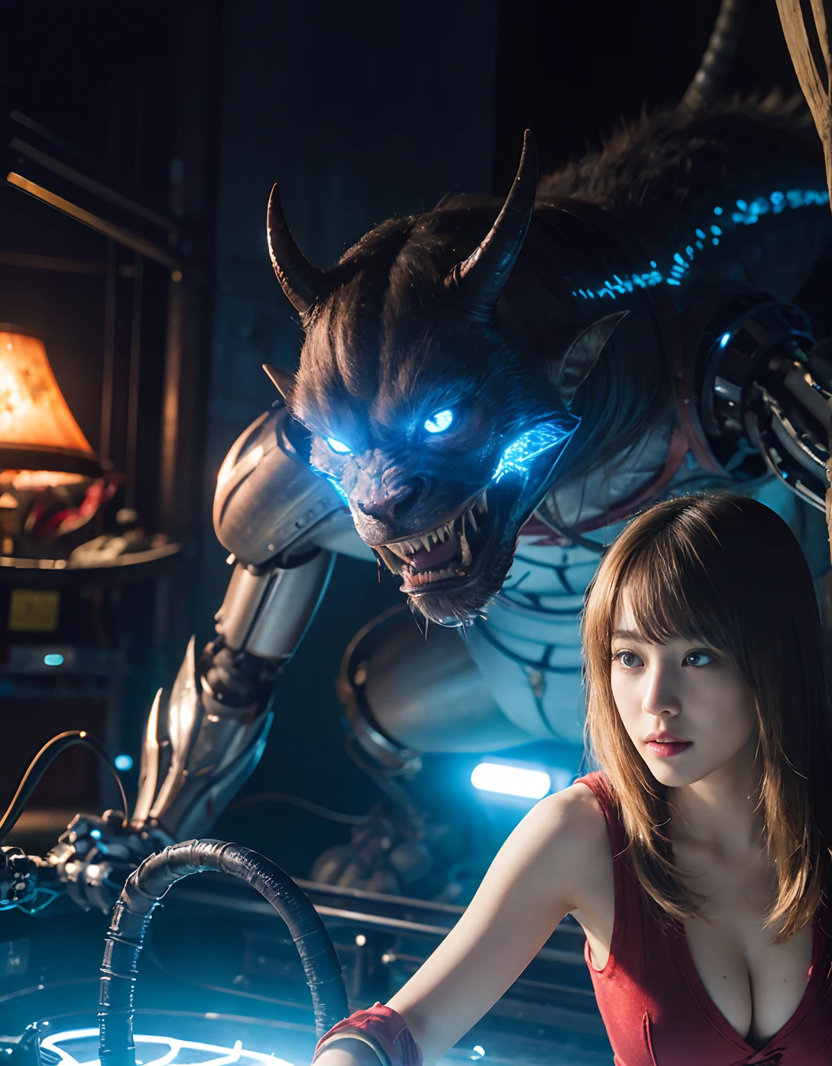 (1 Mechanical Girl)、top-quality、masterpiece、超A high resolution、(Photorealsitic:1.4)、Raw photo、1人、Fight mutants、glowy skin、(((1 Mechanical Girl)))、With a beautiful knife、(Red Metal Bodysuit)、(Fight goblings、ogre、Fierce battle with orcs),(Fight fiercely against aliens)、Fight fiercely、(beautiful forest background)、(Fighting Demonic Beasts)、(Small LED)、((super realistic details))、portlate、(Strong giant demon beast background),globalillumination、Shadow、octan render、8K、ultrasharp、Colossal tits、Raw skin is exposed in cleavage、metals、Details of complex ornaments、Japan details、highly intricate detail、Realistic light、(Mystical expression),CGSoation Trends、Blue eyes、radiant eyes、Facing the camera、neon details、(Mechanical limbs)、(blood vessels connected to tubes)、(Wires and cables connecting to the head)、Small LED、,Mechanical thighs、Toostock、(Hands are also made of machines)、(Attack of the Monster Beasts)、