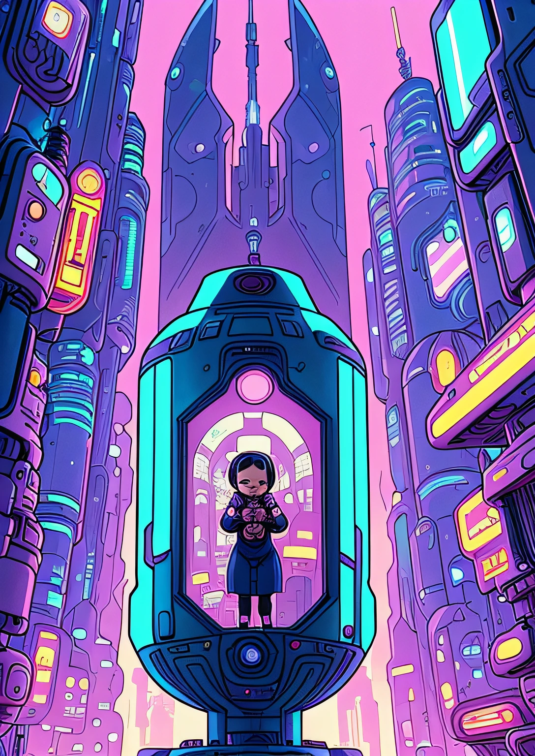 There is a cartoon of a baby in a bottle in the room, art nouveau cyberpunk, in a futuristic city, in a futuristic cyberpunk city, In the metropolis of space, pregnant female cyborg, in a future city, in a futuristic spaceship, scifi illustration, Cyberpunk art style, inspired by Asaf Hanuka, at cyberpunk city, The birth of the universe