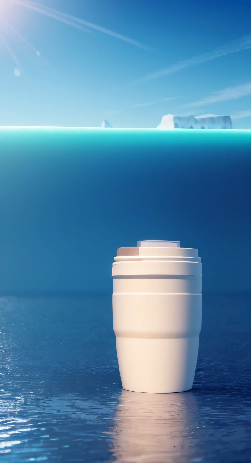 tmasterpiece，Best quality at best，Extremely beautiful reflection，The best reflections，(Very detailed CG unity 8k wallpaper)(Best quality at best)(The best illustrations)，(The best shadow)，There is a cup with a lid，There is a bear on it, coffee mug, Beige，Antarctic continent、a paradise、Huge walls of ice、Plants、tunnel，quiet streams，Sky blue and beautiful sky，Isometric 3D，Octane rendering，Ray traching，ultra-detailliert