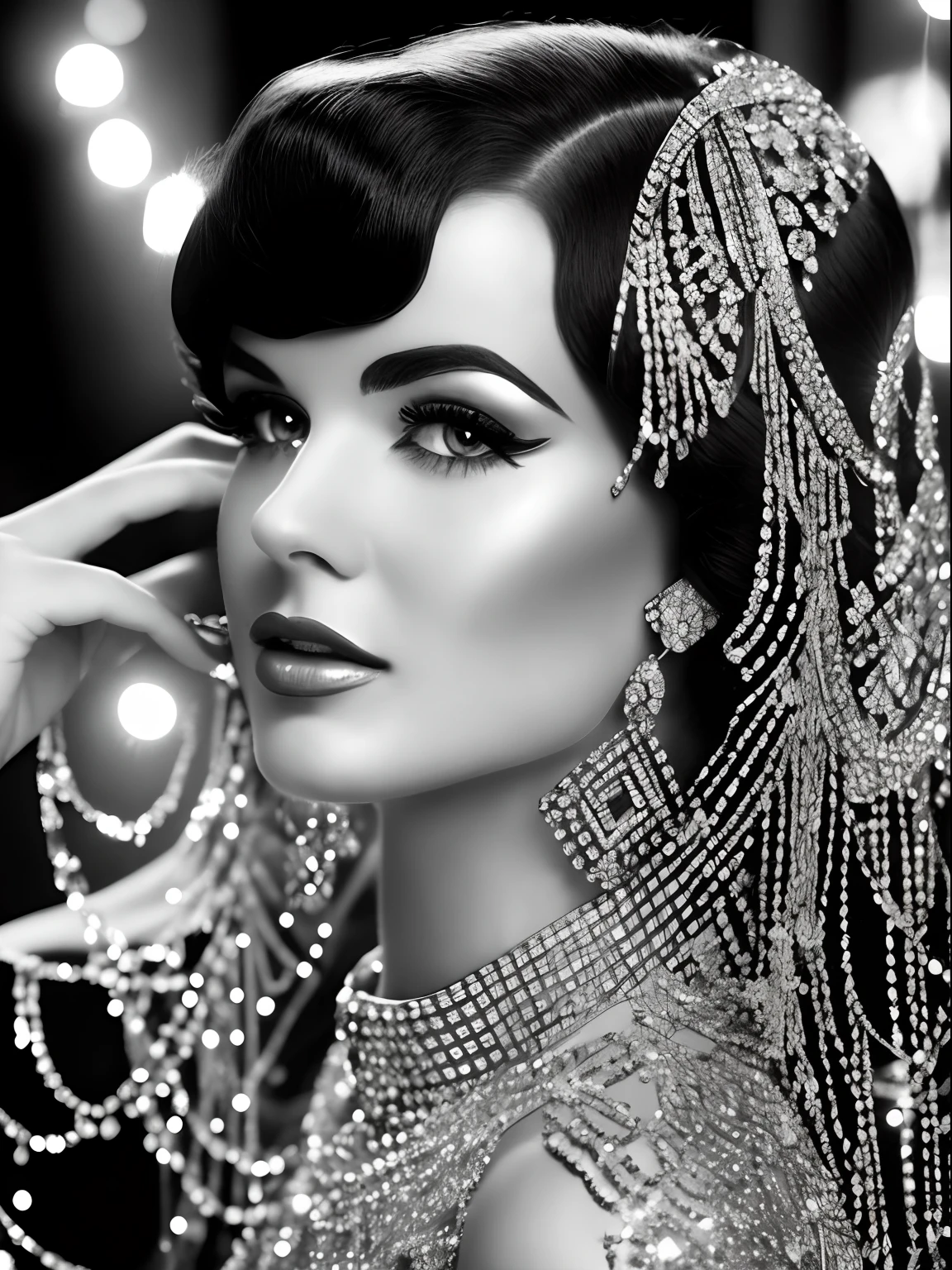 A glorious confident woman, Luxury Vintage Fashion House, 1920s Hollywood style, hyper realistic black and white photography, in the style of shiny rhinestone crystals.