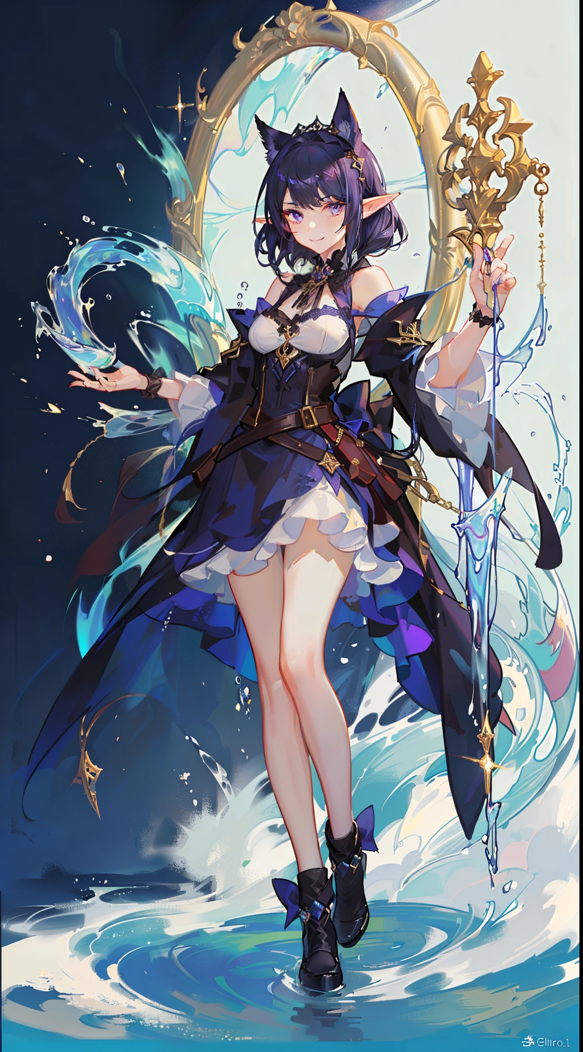 young girl, Long black hair, violet eyes, elf ears, smirk, Purple Sorcerer Form, Gold Elements, water magic, Masterpiece, hiquality, 4k, HD, Good detail