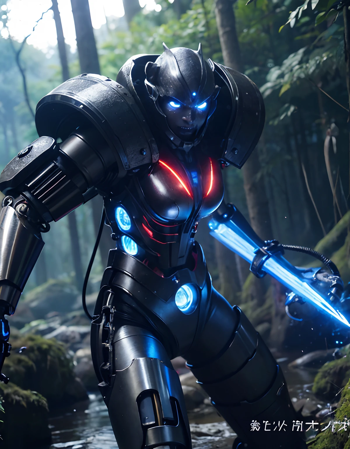 (1 Mechanical Girl)、top-quality、masterpiece、超A high resolution、(Photorealsitic:1.4)、Raw photo、女の子1人、Fight mutants、glowy skin、(((1 Mechanical Girl)))、With a beautiful knife、(Red Metal Bodysuit)、(Fight goblings、ogre、Fierce battle with orcs),(Fight fiercely against aliens)、Fight fiercely、(beautiful forest background)、(Fighting Demonic Beasts)、(Small LED)、((super realistic details))、portlate、(Strong giant demon beast background),globalillumination、Shadow、octan render、8K、ultrasharp、Colossal tits、Raw skin is exposed in cleavage、metals、Details of complex ornaments、Japan details、highly intricate detail、Realistic light、(Mystical expression),CGSoation Trends、Blue eyes、radiant eyes、Facing the camera、neon details、(Mechanical limbs)、(blood vessels connected to tubes)、(Wires and cables connecting to the head)、Small LED、,Mechanical thighs、Toostock、(Hands are also made of machines)、(Attack of the Monster Beasts)、