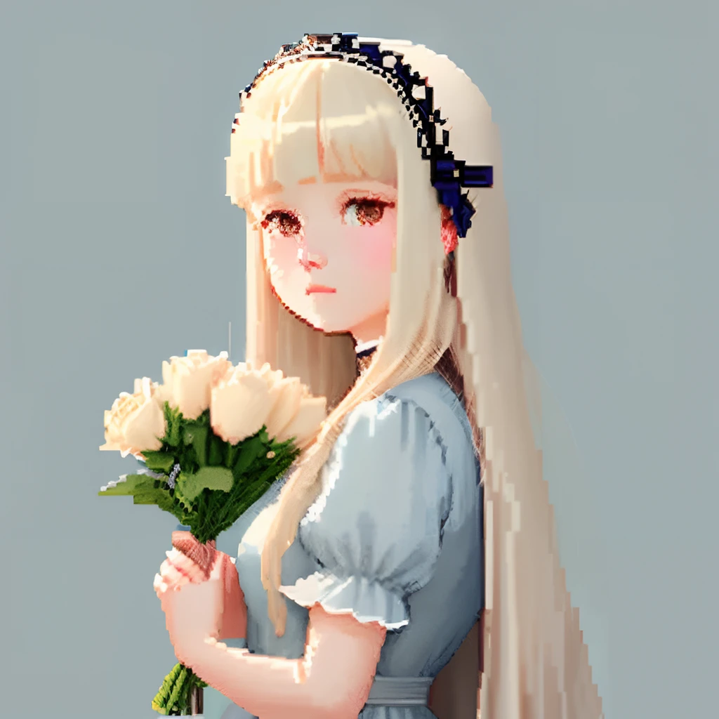 Pale light blue antique dress、blunt bangs、It's a girl with long beige hair、Blunt bangs、Look back and look at this.、Pixel art、Pixel Art Illustration、pixels、Plain background、Upper body、For icons、pixels_Art Book,Composition centered on the face、Straight face、Gothic headdress、pixels、Game-style illustration、Pixel art、pixels、Holding flowers