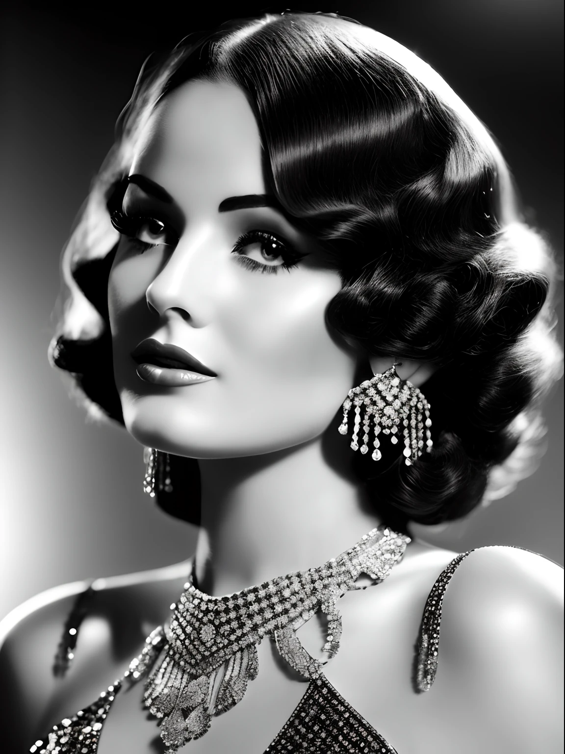 A glorious confident woman, Luxury Vintage Fashion House, 1920s Hollywood style, hyper realistic black and white photography, in the style of shiny rhinestone crystals.