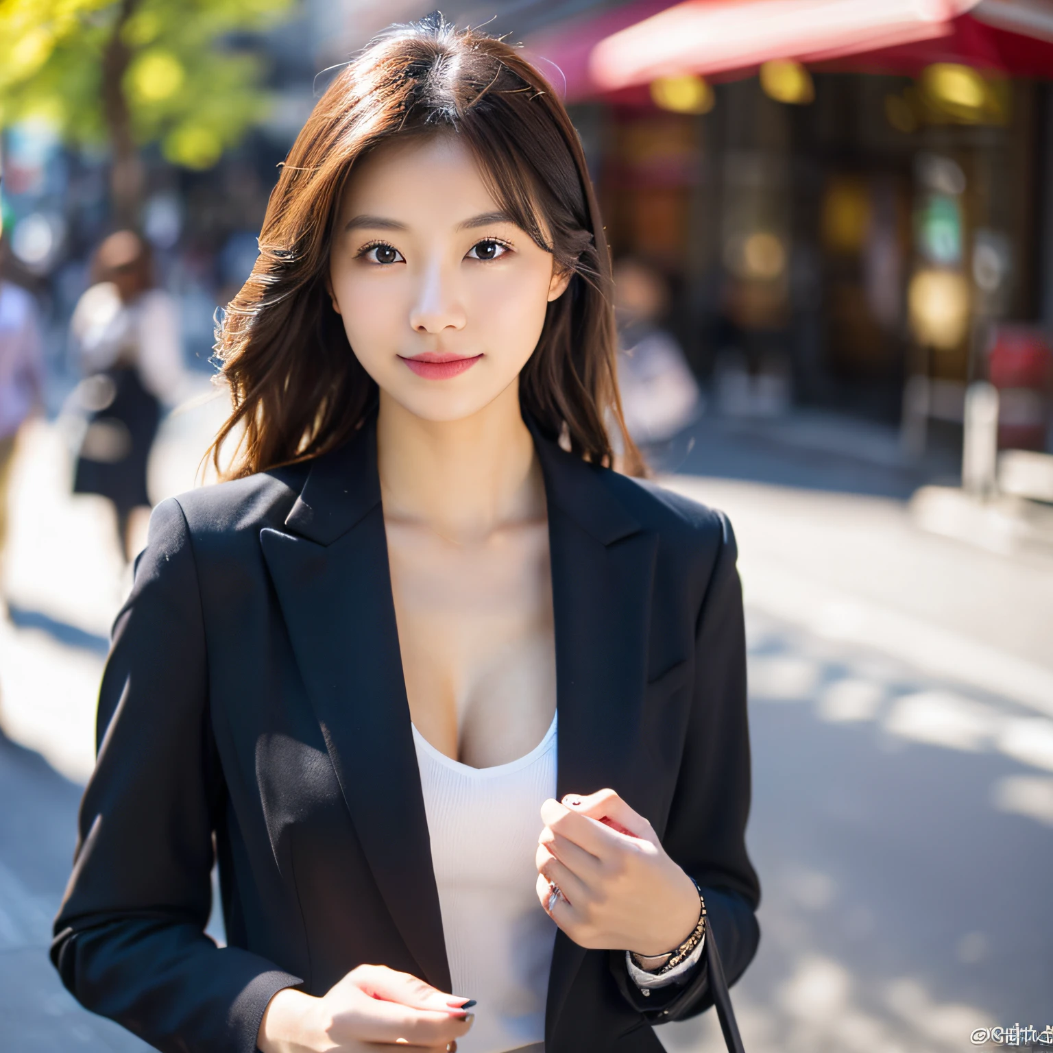 (Photoreal: 1.4), (Smooth lighting: 1.05), (Improved cinematic lighting: 0.9), 32K, Realistic lighting, Backlight, raytrace, (Whitening light: 1.2), (Image enhancement: 1.4), ( Top quality real skins: 1.4), 20-year-old, 1 girl, asian, large breasts, business attire, back to camera, city street scene, eating lunch,