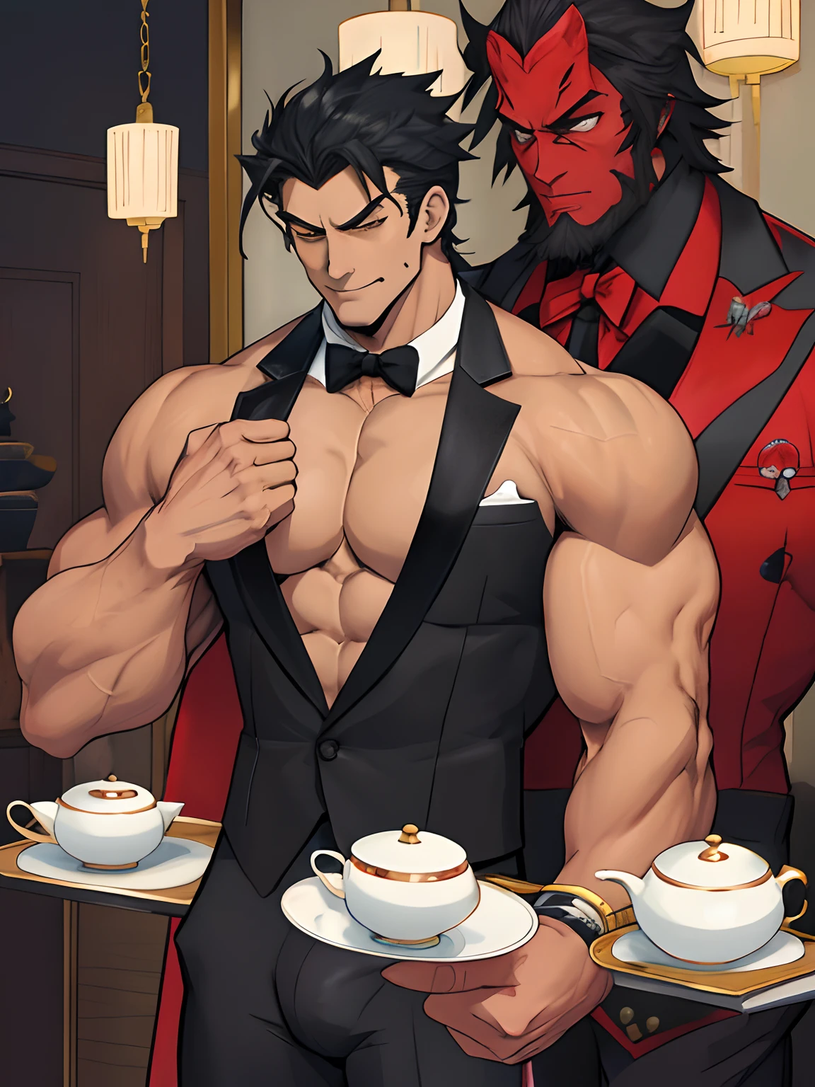 (anime style art,)extremely masculine muscular character,muscular,bodybuilder, huge bulge, sexy, smirk, erotic, 8 pack abs, tuxedo, t, tea service, magic