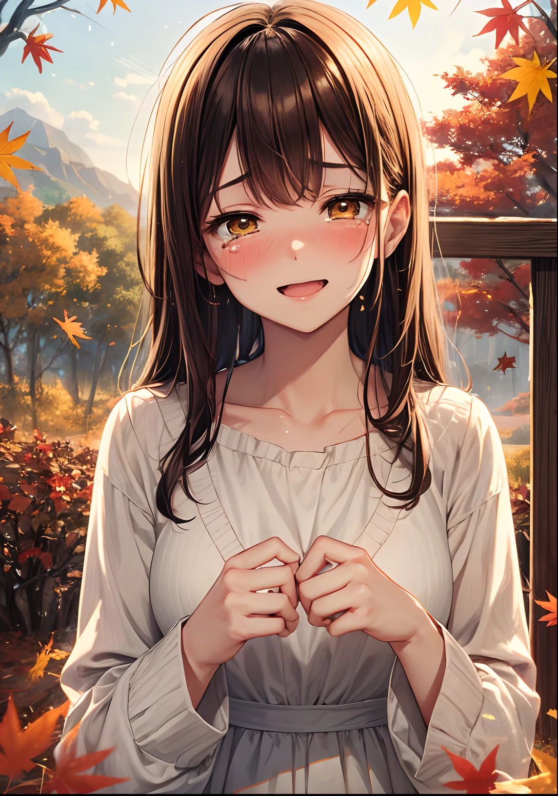 Top quality, masterpiece, Masterpiece, 1 woman, 22 years old, (sad smile crying: 1.5), Fox personification, Open mouth, blush, yellow skin, gold-eyed, brown hair, white inner color, white dress, Lots of autumn leaves, Autumn twilight, Orange view, Ghibli, Valley,