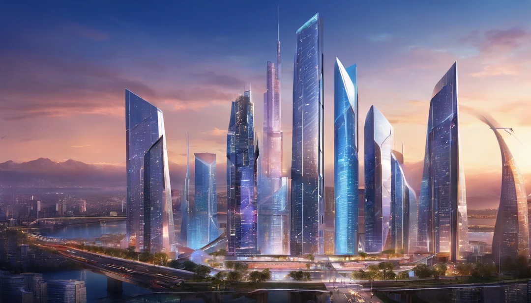 (best quality,4k,8k,highres,masterpiece:1.2),ultra-detailed,(realistic,photorealistic,photo-realistic:1.37),bright blue clean silver and blue city,shiny metallic surfaces,reflective glass windows,tall skyscrapers,modern architecture,glass facades,sparkling lights at night,vibrant atmosphere,streets filled with people,bustling traffic,neon signs illuminating the streets,cityscape with a river running through it,beautifully landscaped parks and gardens,modern infrastructure and transportation systems,sleek and futuristic design,high-tech gadgets and devices,cosmopolitan and multicultural atmosphere,colorful city lights at dusk,dynamic and energetic city life,urban skyline against a clear blue sky,impressive skyline,ivory towers,glowing city lights,gleaming metallic structures,electric atmosphere,fast-paced city rhythm,celestial color palette,overhead bridges connecting buildings,artificial intelligence integration,crystal-clear reflections on the water,majestic bridges spanning the river,blue color scheme with pops of silver,progressive and forward-thinking mindset,innovative city full of possibilities,serene river flowing through the heart of the city,people enjoying outdoor activities and socializing,diverse and vibrant city culture,perfect harmony of nature and urban development,impressive architectural landmarks.