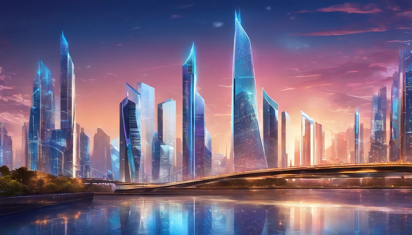 (best quality,4k,8k,highres,masterpiece:1.2),ultra-detailed,(realistic,photorealistic,photo-realistic:1.37),bright blue clean silver and blue city,shiny metallic surfaces,reflective glass windows,tall skyscrapers,modern architecture,glass facades,sparkling lights at night,vibrant atmosphere,streets filled with people,bustling traffic,neon signs illuminating the streets,cityscape with a river running through it,beautifully landscaped parks and gardens,modern infrastructure and transportation systems,sleek and futuristic design,high-tech gadgets and devices,cosmopolitan and multicultural atmosphere,colorful city lights at dusk,dynamic and energetic city life,urban skyline against a clear blue sky,impressive skyline,ivory towers,glowing city lights,gleaming metallic structures,electric atmosphere,fast-paced city rhythm,celestial color palette,overhead bridges connecting buildings,artificial intelligence integration,crystal-clear reflections on the water,majestic bridges spanning the river,blue color scheme with pops of silver,progressive and forward-thinking mindset,innovative city full of possibilities,serene river flowing through the heart of the city,people enjoying outdoor activities and socializing,diverse and vibrant city culture,perfect harmony of nature and urban development,impressive architectural landmarks.