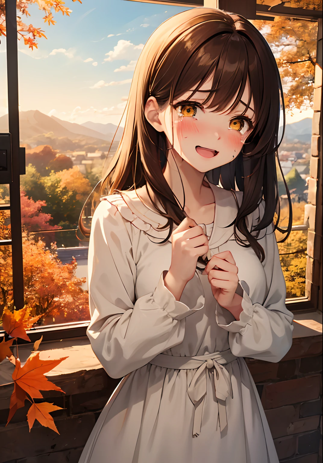 Top quality, masterpiece, Masterpiece, 1 woman, 22 years old, (sad smile crying: 1.5), Fox personification, Open mouth, blush, yellow skin, gold-eyed, brown hair, white inner color, white dress, Lots of autumn leaves, Autumn twilight, Orange view, Ghibli, Valley,