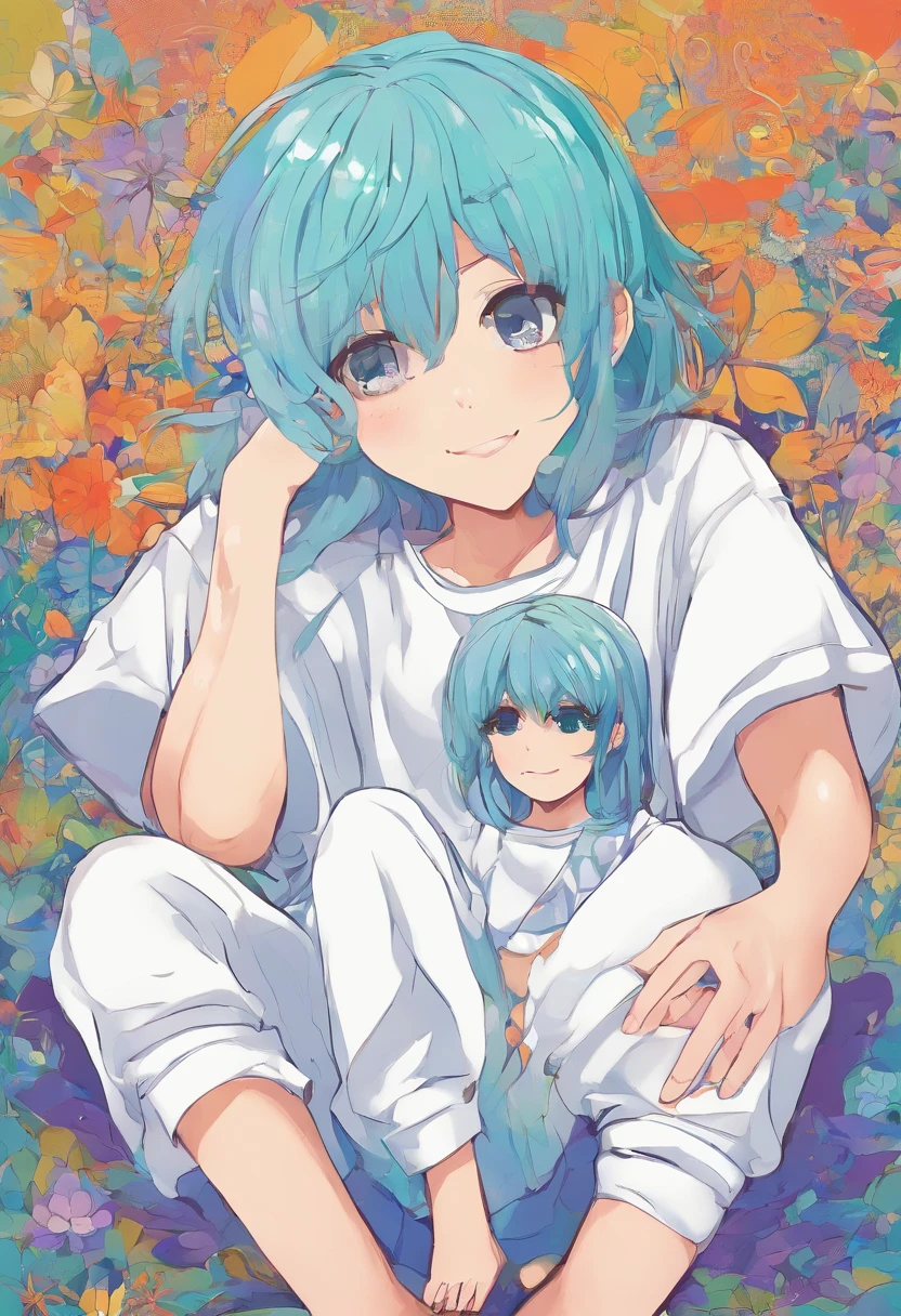 A beautiful girl (1 girl), about . The girl has (long light blue hair, straight messy hair, bangs and big blue eyes). The girl wears (a turquoise tunic and purple tide pants). A boy (1 boy), about 12 years olds (short blond hair, messy hair, bangs and big green eyes). The boy wears (a blue t-shirt and white tide pants). the girl is hug the boy. The boy is seated on floor and he is crying.