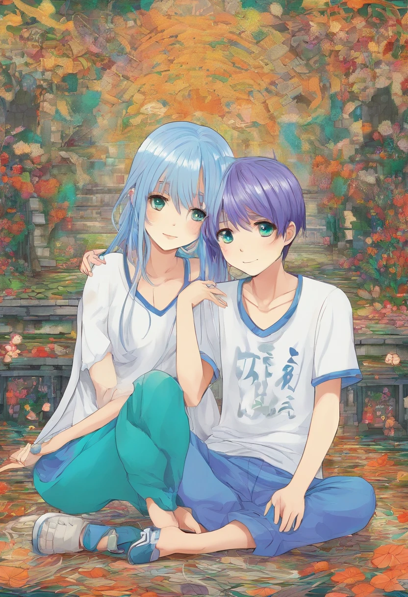 A beautiful girl (1 girl), about 10 years old. The girl has (long light blue hair, straight messy hair, bangs and big blue eyes). The girl wears (a turquoise tunic and purple tide pants). A boy (1 boy), about 12 years old. The boy has (short blond hair, messy hair, bangs and big green eyes). The boy wears (a blue t-shirt and white tide pants). the girl is hug the boy. The boy is seated on floor and he is crying.