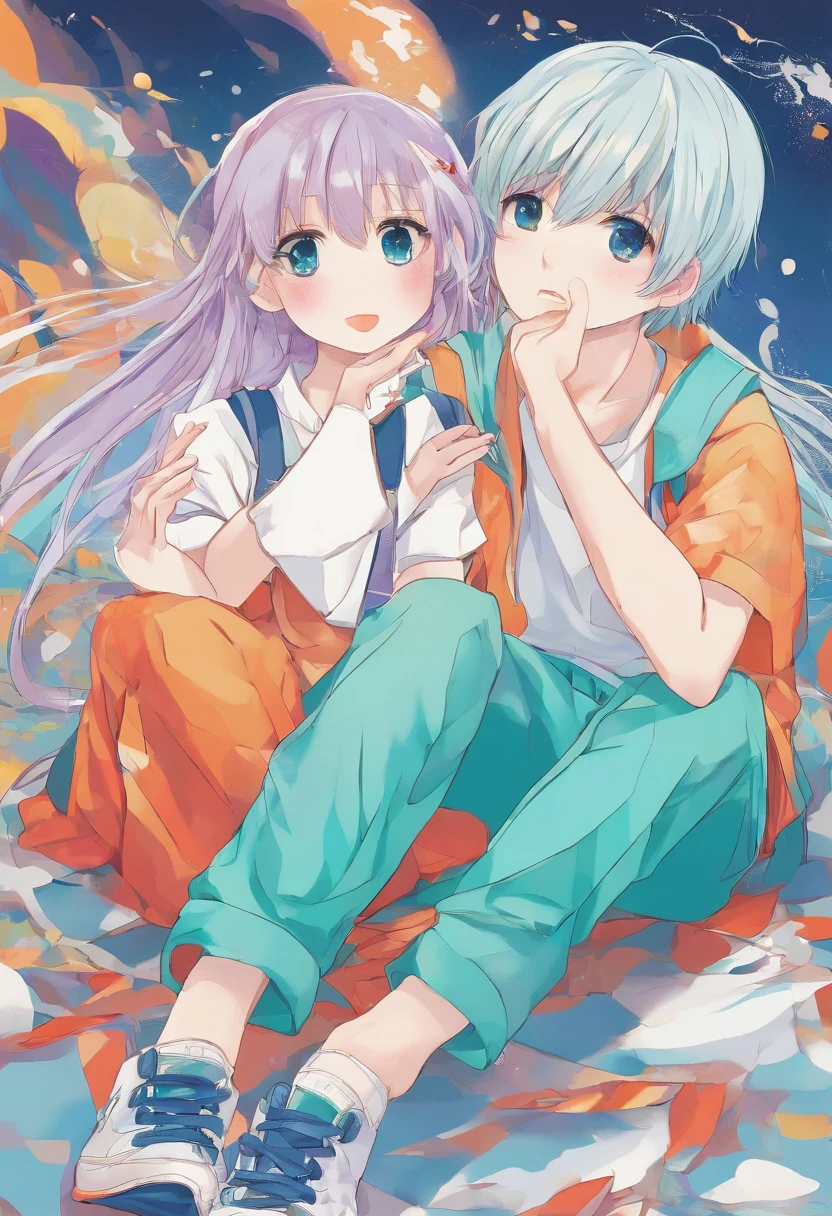 A beautiful girl (1 girl), about 10 years old. The girl has (long light blue hair, straight messy hair, bangs and big blue eyes). The girl wears (a turquoise tunic and purple tide pants). A boy (1 boy), about 12 years old. The boy has (short blond hair, messy hair, bangs and big green eyes). The boy wears (a blue t-shirt and white tide pants). the girl is hug the boy. The boy is seated on floor and he is crying.