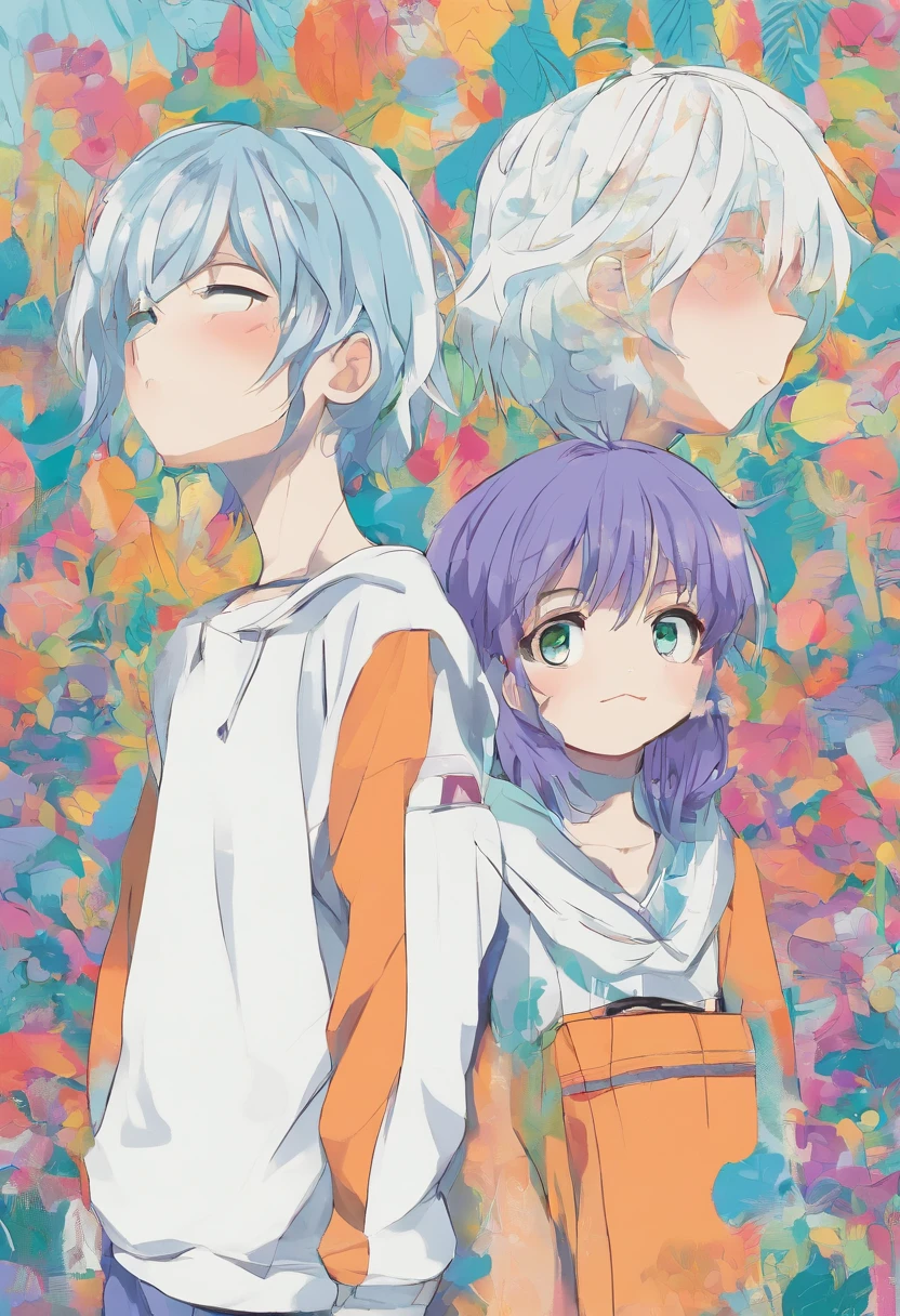 A beautiful girl (1 girl), about 10 years old. The girl has (long light blue hair, straight messy hair, bangs and big blue eyes). The girl wears (a turquoise tunic and purple tide pants). A boy (1 boy), about 12 years old. The boy has (short blond hair, messy hair, bangs and big green eyes). The boy wears (a blue t-shirt and white tide pants). the girl is hug the boy. The boy is seated on floor and he is crying.