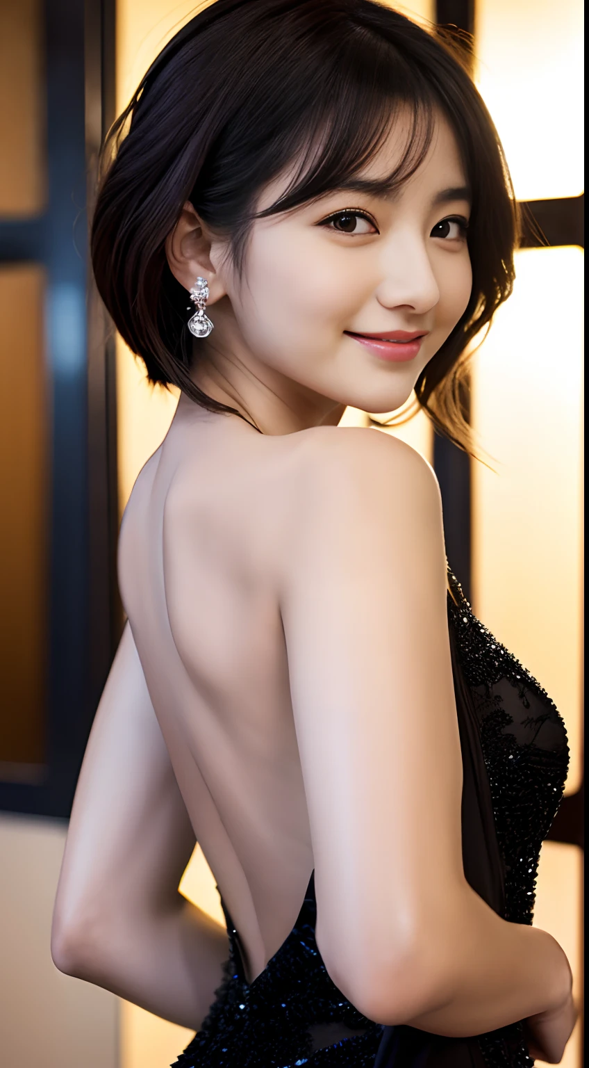 Best-Quality, Masterpiece, Ultra-High-Resolution, (Photorealistic:1.4), Raw-Photo, Hyper-Detailed, 1girl, Japanese famous actress, at hotel lobby, (wearing only gorgeous evening dress), twinkle smile, looking at viewer, upturned very beautiful small ass, extremely cute face like a the most popular Japanese actress, amazingly beautiful big black eyes, very beautiful solid circle eyes, very beautiful black short-cut-haired, very beautiful white realistic skins, very beautiful shoulder, very beautiful small breasts, very beautiful perfect body, very beautiful small buttocks, detailed face, detailed eyes, detailed hair, detailed white realistic skins, detailed shoulder, detailed breasts, detailed perfect body, detailed gorgeous evening dress, detailed hip