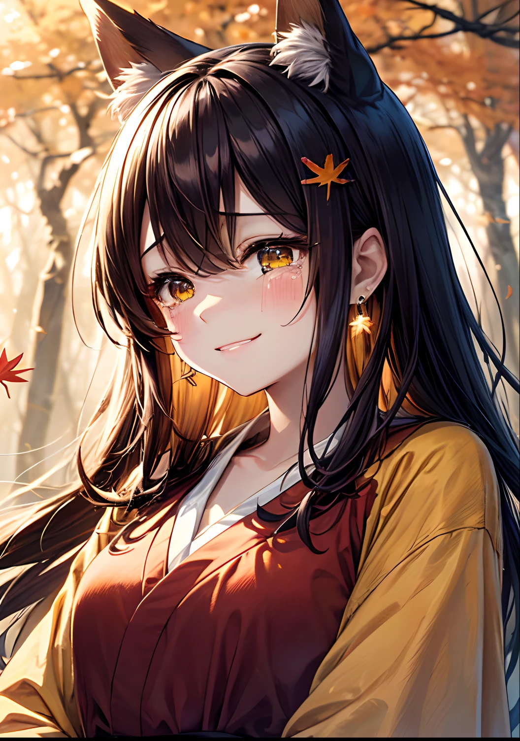 absurderes, ultra-detailliert,bright colour, (1girl in:1.4),(A very beautiful forest of autumn leaves:1.5),extremely beautiful detailed anime face and eyes, (Fox personification:1.3),blushing、Yellow skin、amber eyes、Brown smooth straight hair、Bright kimono with yellow base、Lots of autumn leaves、(Autumn Dusk 1.3)、Orange view、Shiny hair,depth of fields, Delicate beautiful face,White skin, hair clips, earrings,(sad smile crying:1.3),double tooth