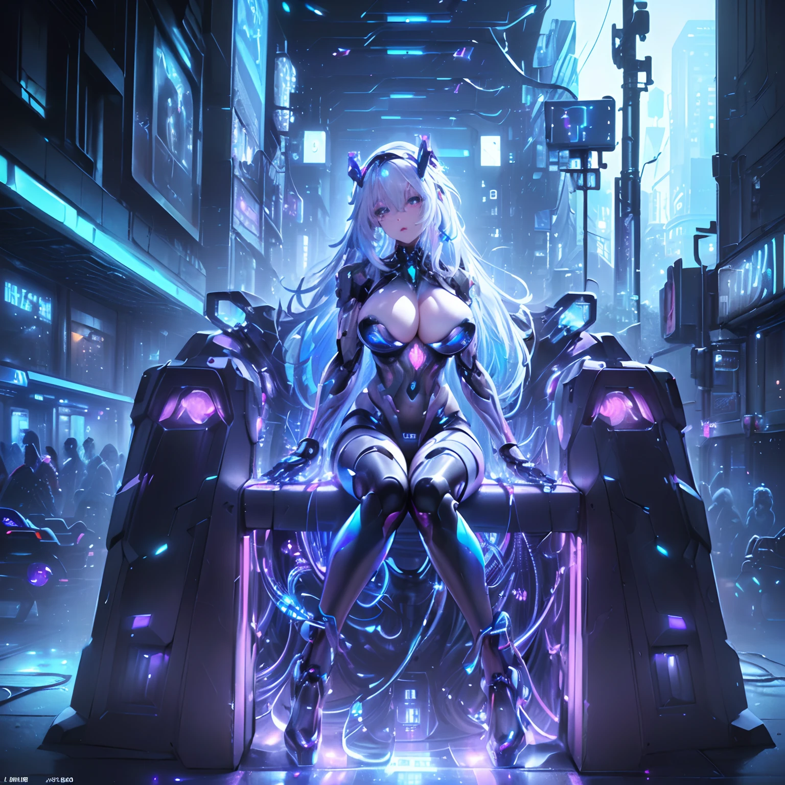 (((Of the highest quality)), (masterpiece), (detail:1.4), (((translucent mechanical robotic parts, black cyborg))), ((((solo)))), (((female focus))), ((woman made out of cyber parts)), ((skin of hips and thighs)), (((futuristic background))), many blue lights, (long white hair), (((Beautiful iridescent long hair))), (((blue Aurora Inner Hair))), Costume typography and numbering, ((grey and black eyes)), (((full lips))), detailed face, gorgeous eyes, iridescent body, standing, ((facing camera)), (((skin of the cleavage)), (glowing eyes), (in a futuristic city), ((skin of the forearms)), ((futuristic headgear)), ((in a city)), ((neon lights)), ((sitting)), ((wires attached to the character))